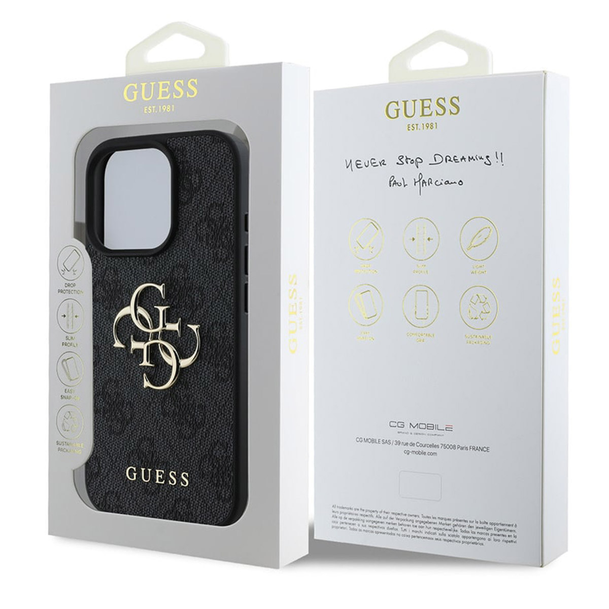 Schwarze Guess Handyhülle mit goldener GUESS-Logo-Prägung auf der Vorderseite.