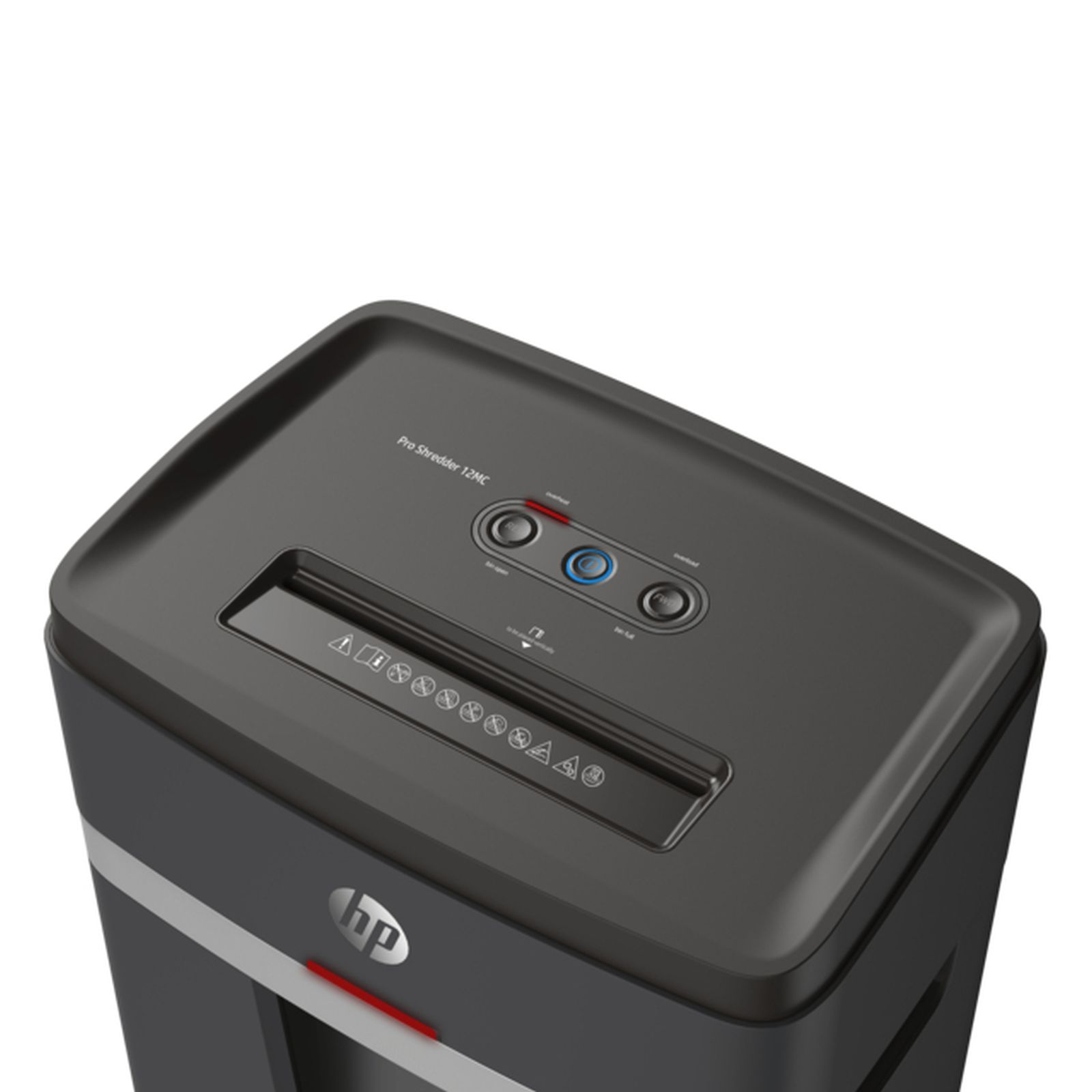 Un distruggi documenti HP nero con accenti argentati e controlli in cima.