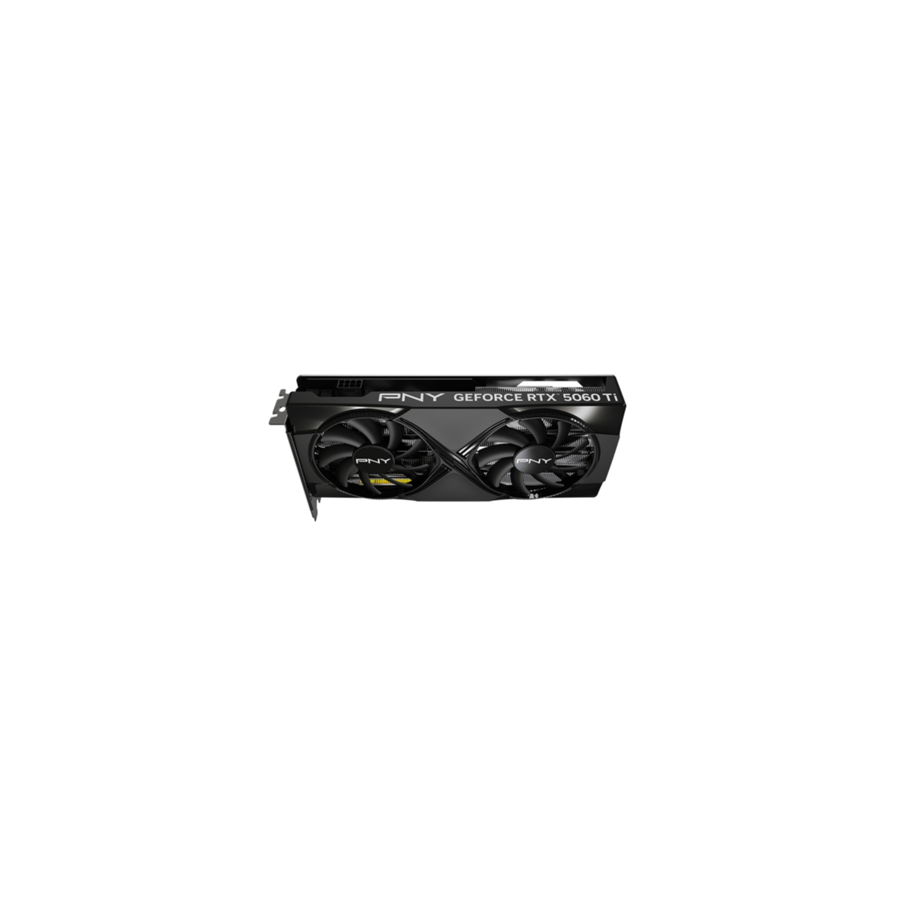 A black PNY GeForce RTX 5060 Ti graphics card with two fans.