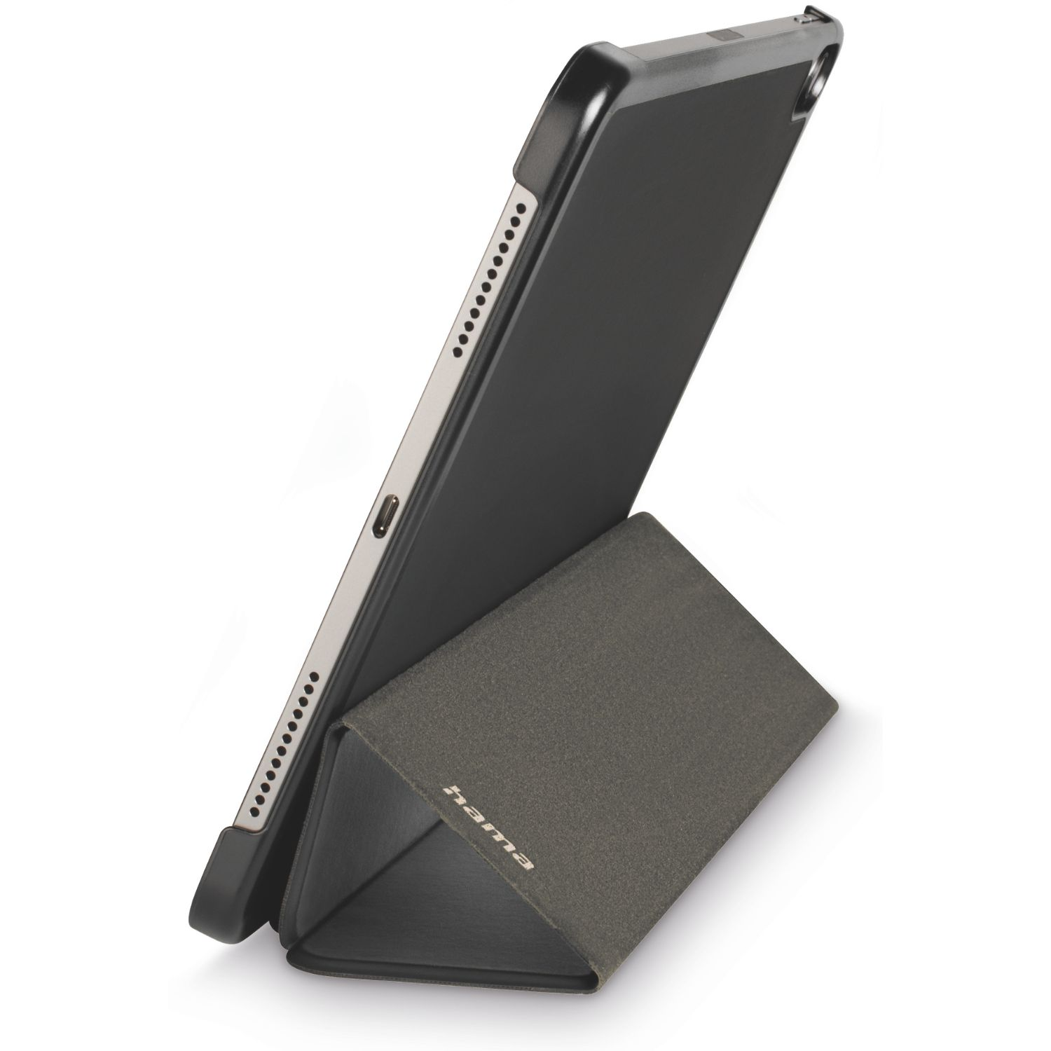 Schwarzes Tablet mit Hülle auf einem grauen Ständer, weißer Hintergrund.