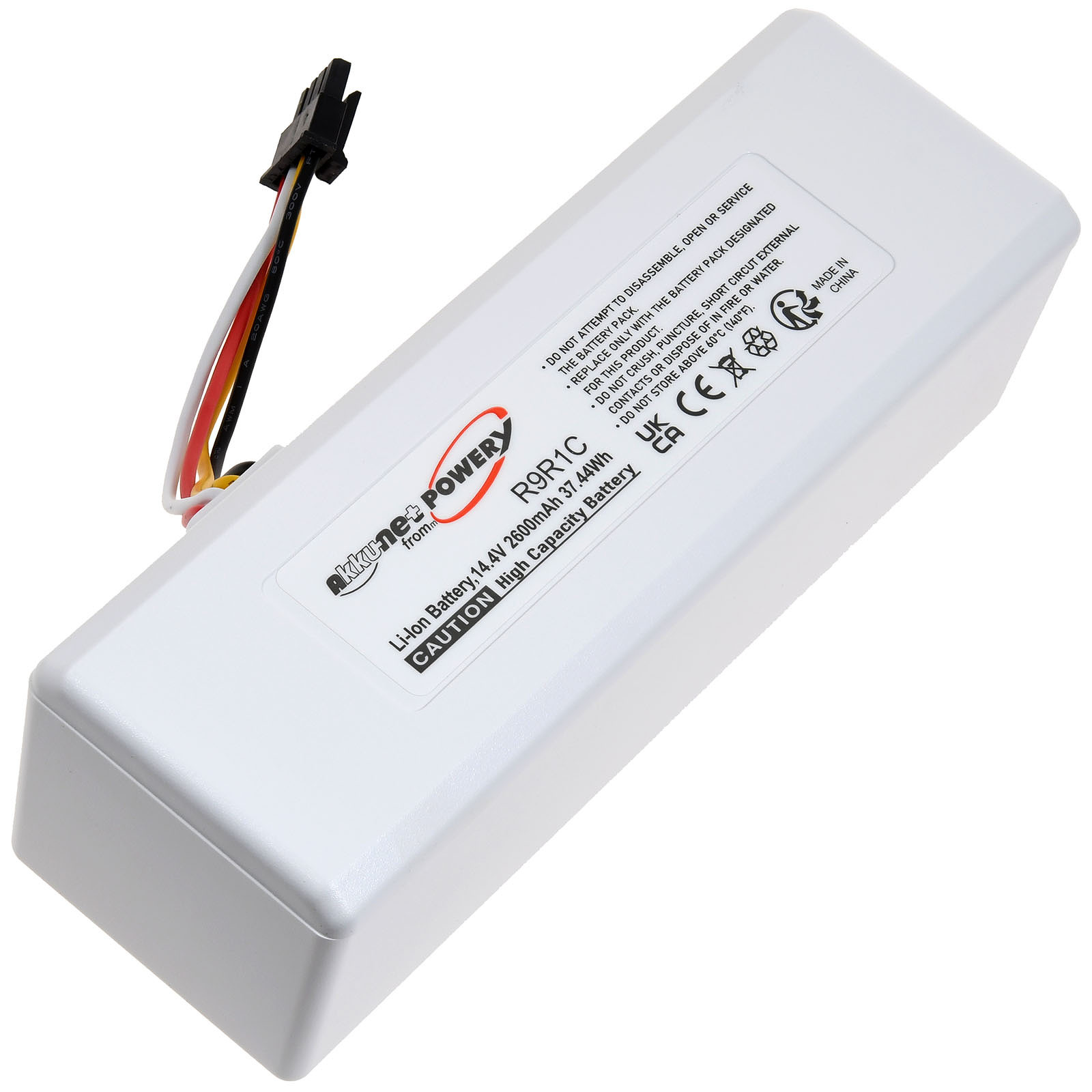 Ein weißer Li-Ion-Akku R9R1C mit Kabeln und Aufschriften.