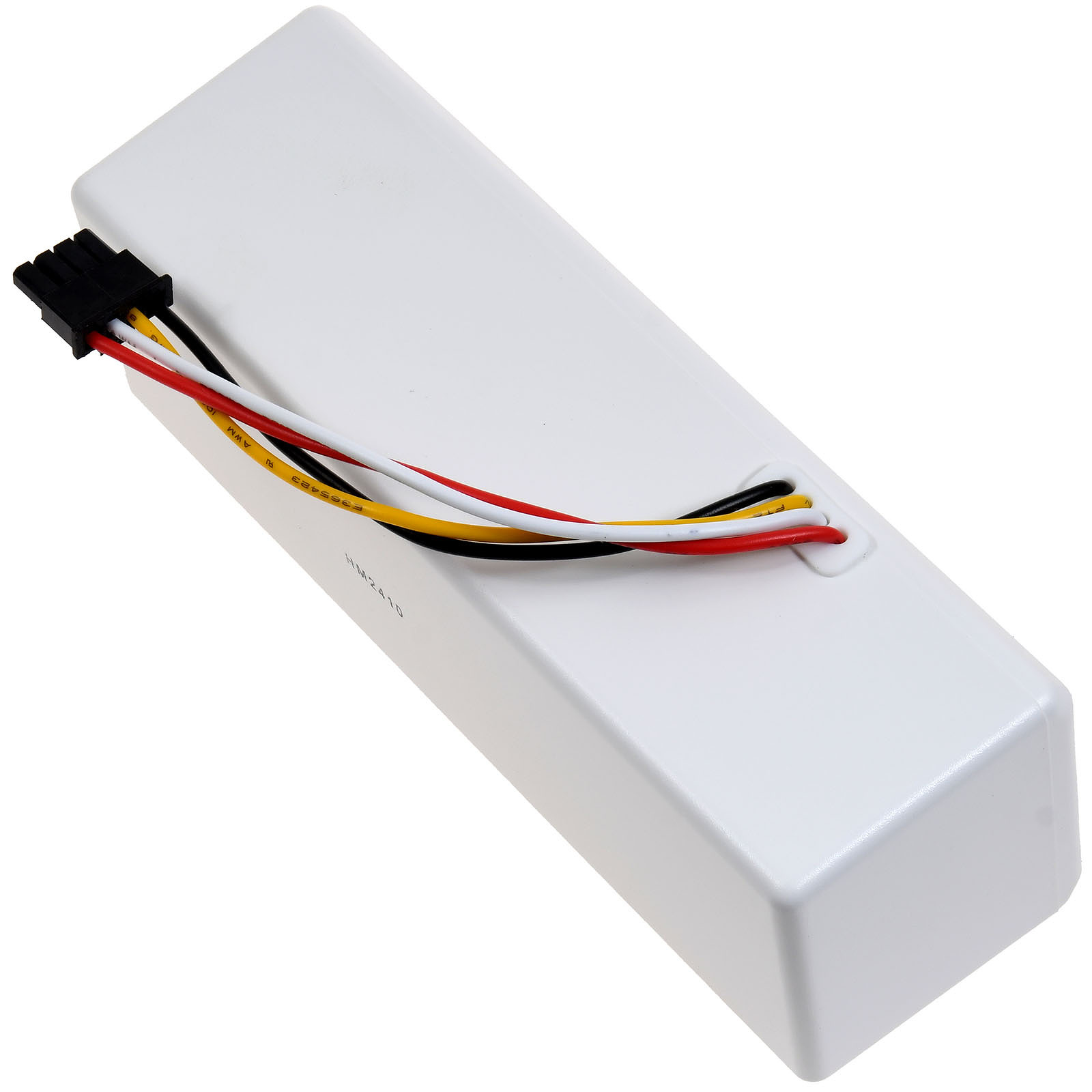 Weißer Akku mit schwarzen, roten, weißen und gelben Kabeln und einem schwarzen Stecker.