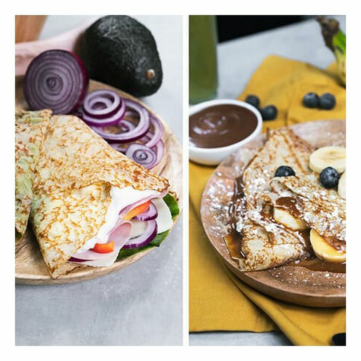 Dwa naleśniki: jeden wytrawny z awokado, cebulą i szynką; jeden słodki z bananem i jagodami.