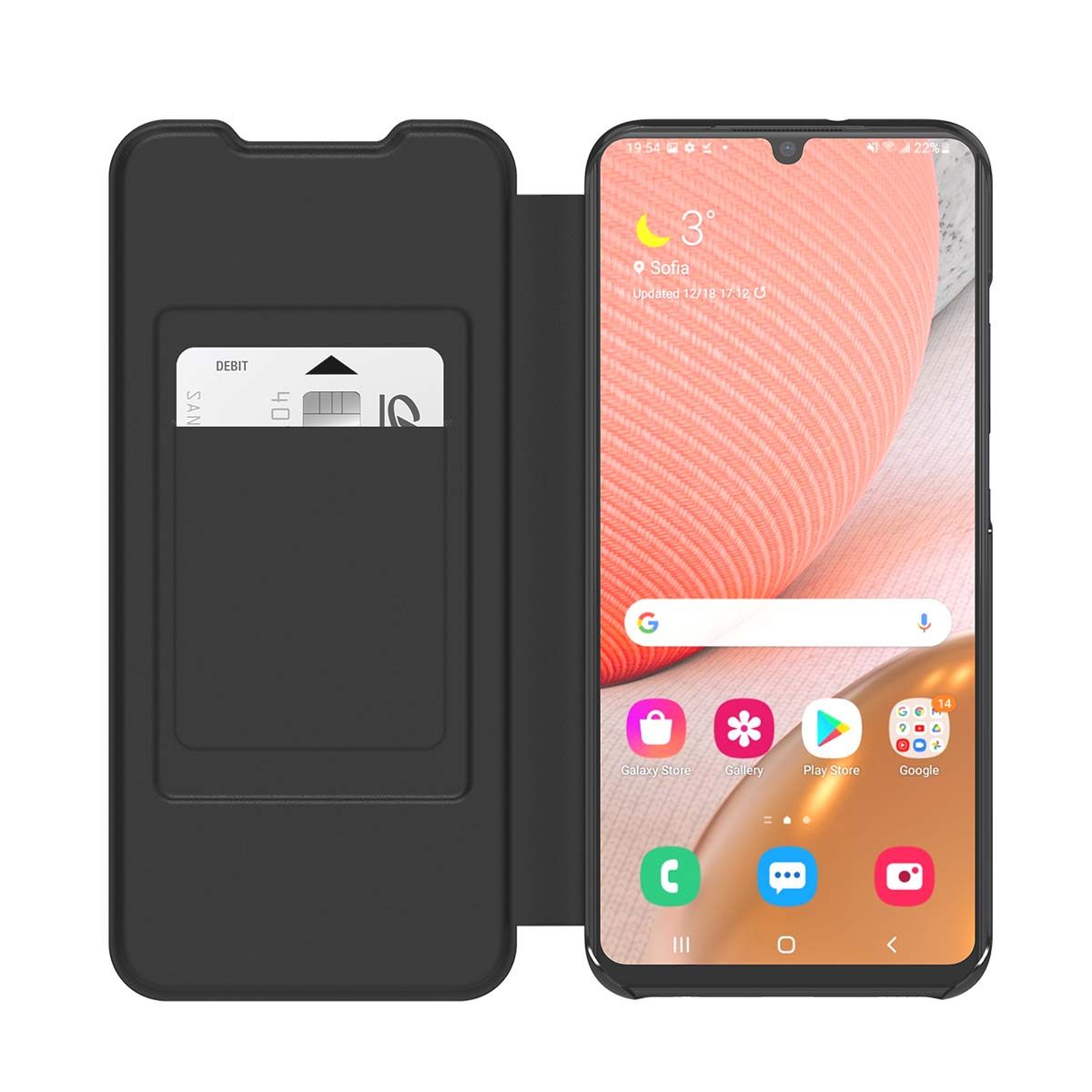 Smartphone nero con cover aperta che mostra una carta di debito.