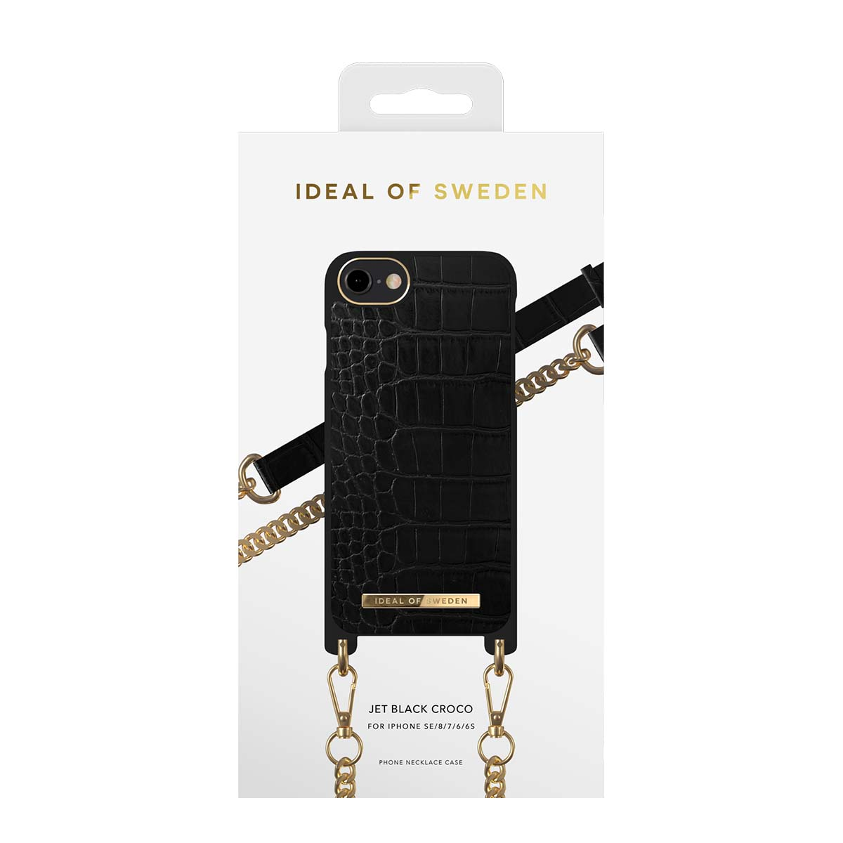 Custodia nera croco con catena Ideal of Sweden per iPhone.