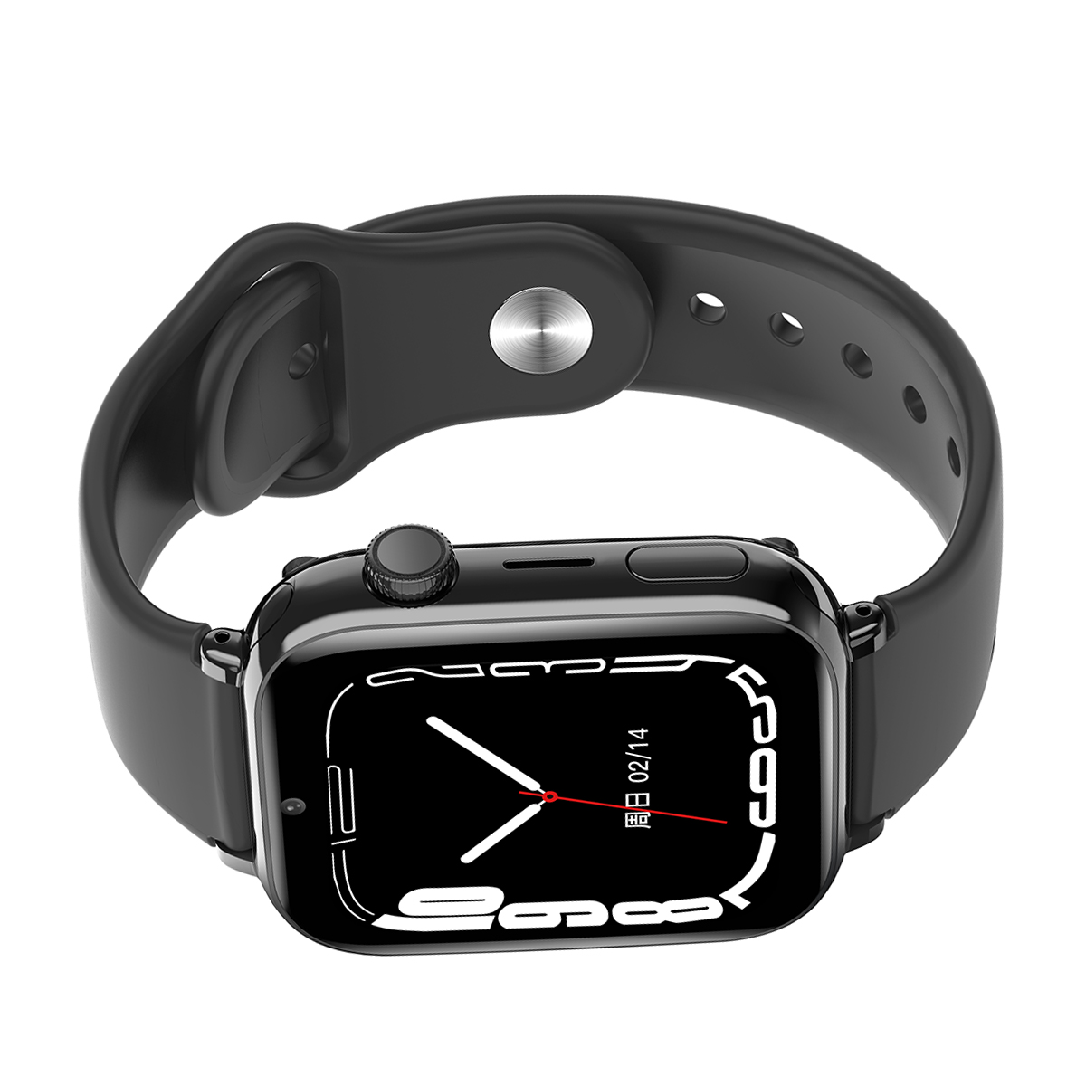 Czarny smartwatch z cyfrowym wyświetlaczem pokazującym zegar i datę.