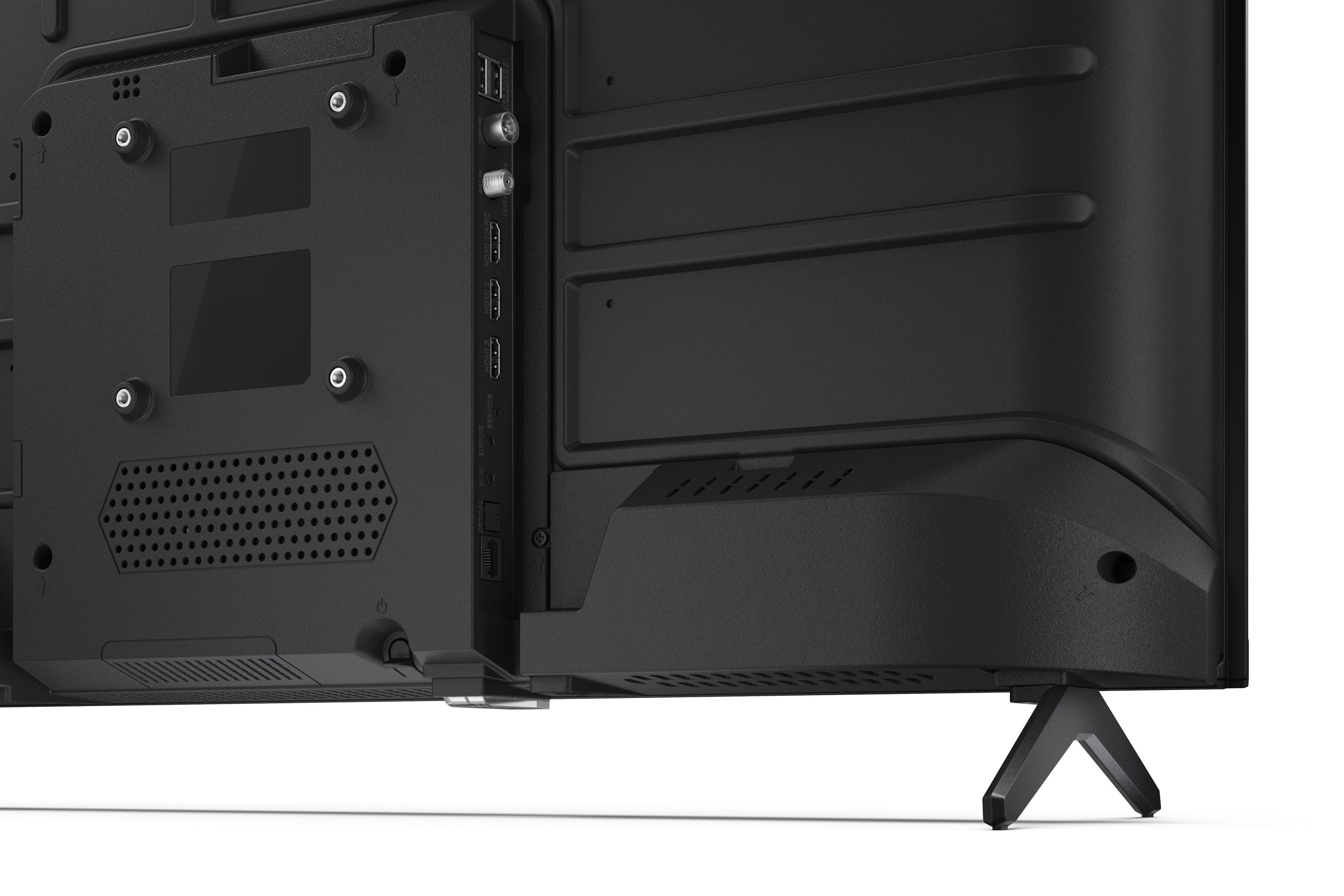 Nahaufnahme der Rückseite eines schwarzen Fernsehers mit Anschlüssen wie HDMI und USB.