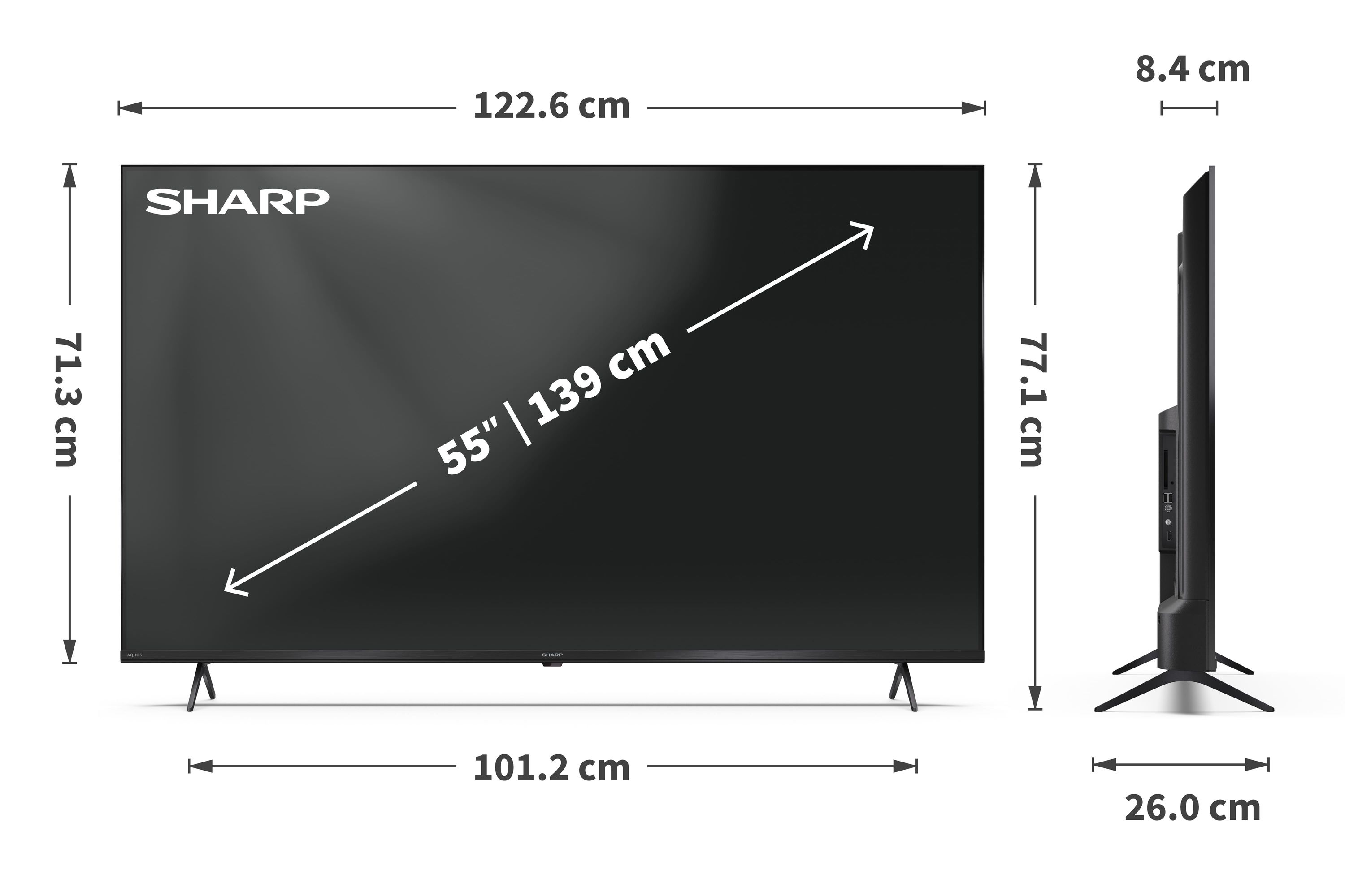 Sharp 55-Zoll Fernseher mit Maßen 122,6 x 71,3 x 8,4 cm auf Standfüßen.