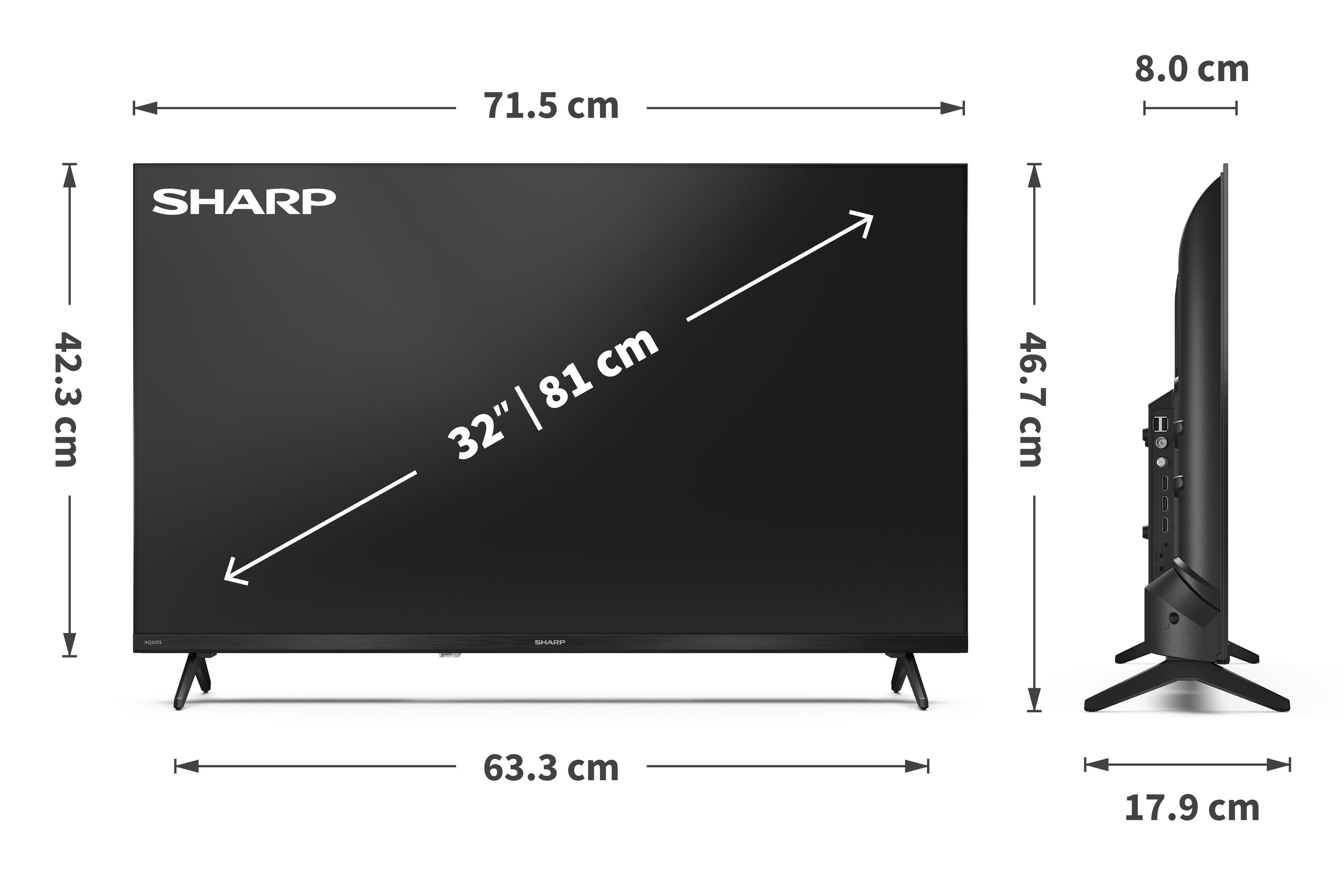 Une TV noire de 32 pouces avec logo Sharp et dimensions indiquées.