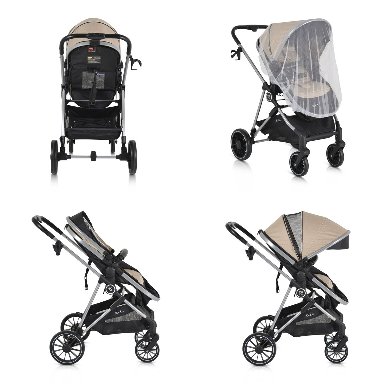Vier Ansichten eines Kinderwagens mit beigem Verdeck und schwarzem Sitz.
