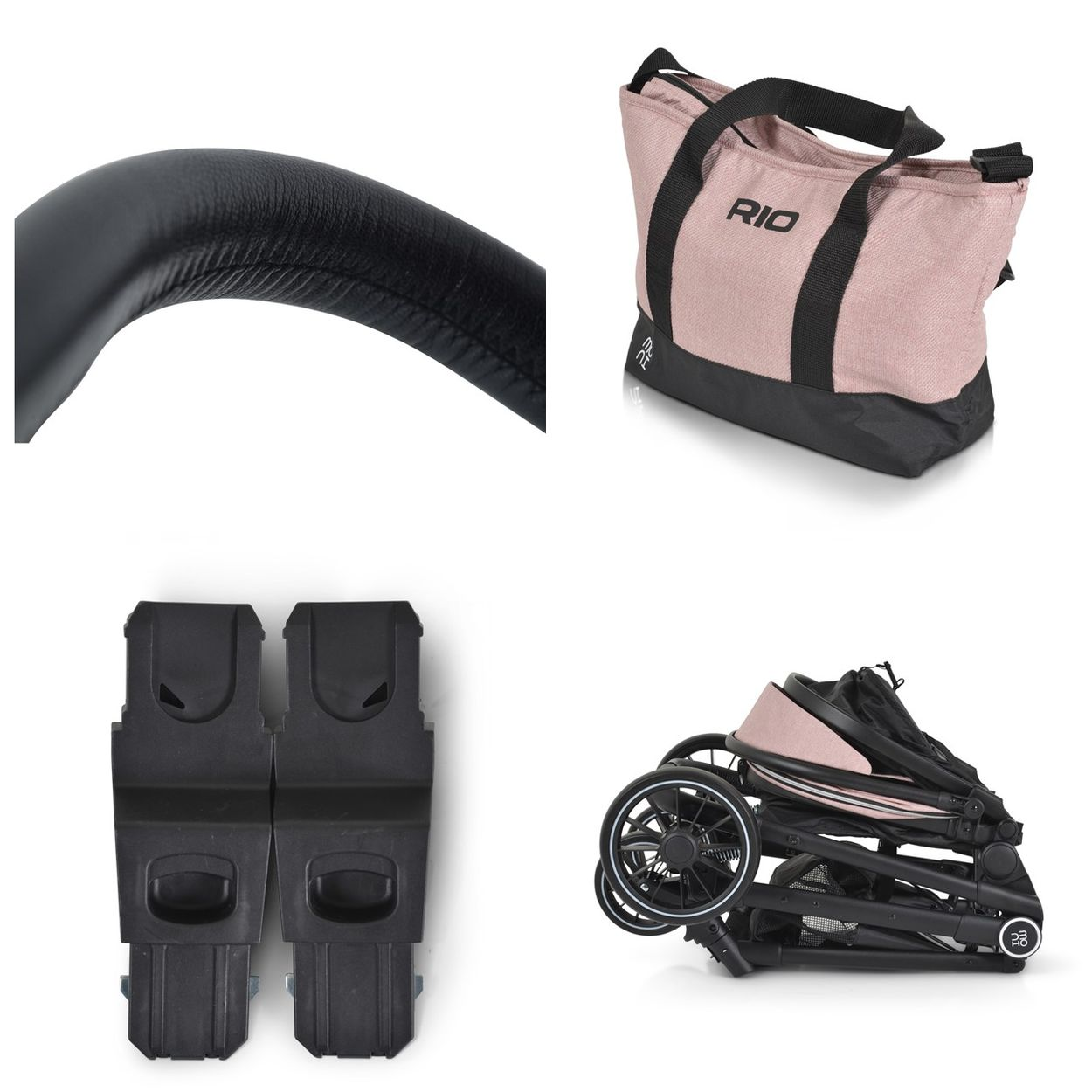 Ein Kinderwagen, eine Tasche, ein Griff und Adapter.