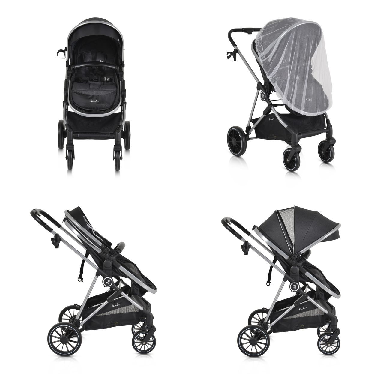 Vier Ansichten eines schwarzen Kinderwagens: vorne, mit Moskitonetz, seitlich, mit Verdeck.