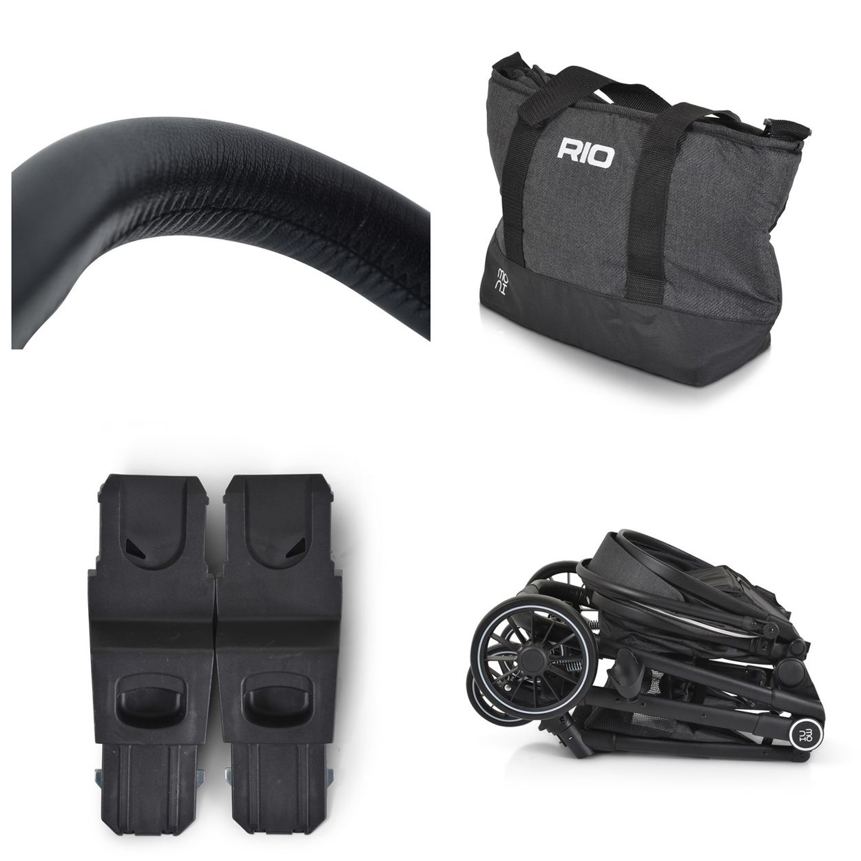 Vier Teile eines Kinderwagens: Griff, Tasche, Adapter und zusammengeklappter Kinderwagen.