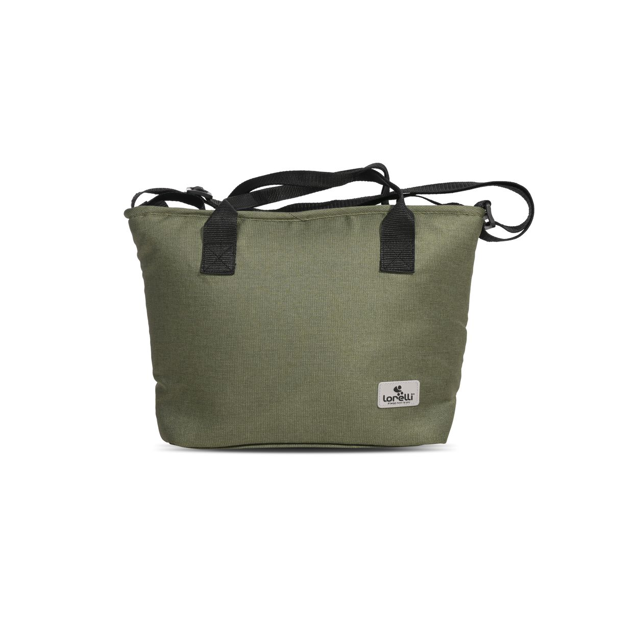Eine olivgrüne Stofftasche mit schwarzen Tragegriffen und einem kleinen Logo.