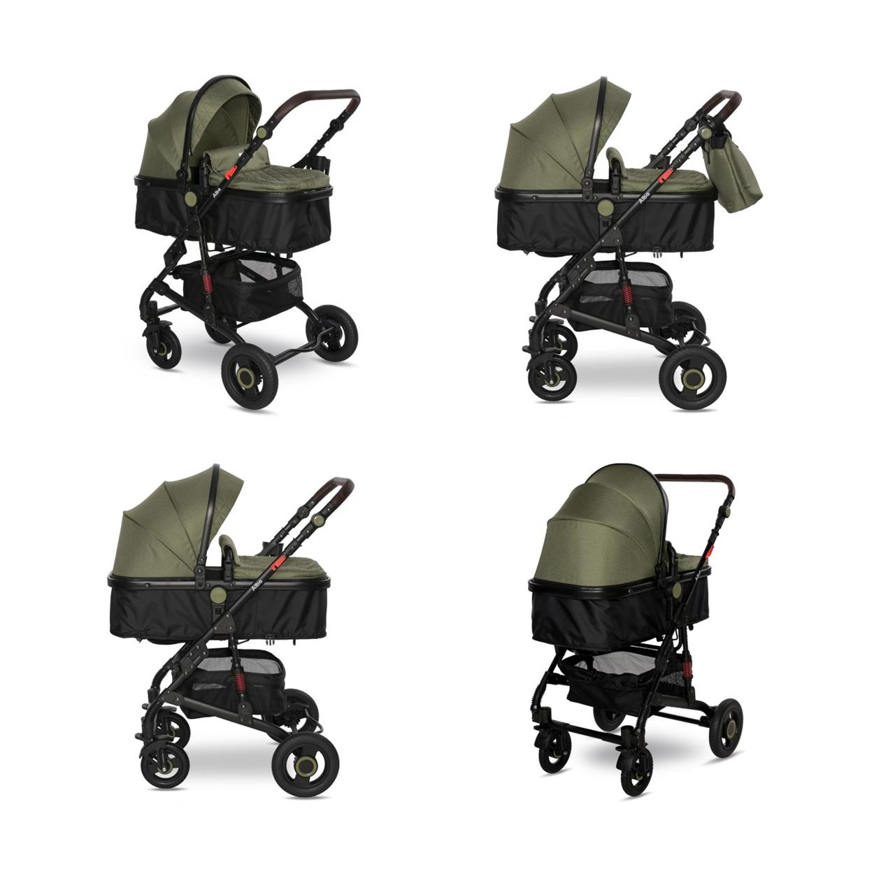 Ein Kinderwagen in Khaki mit schwarzem Korb und braunem Griff.