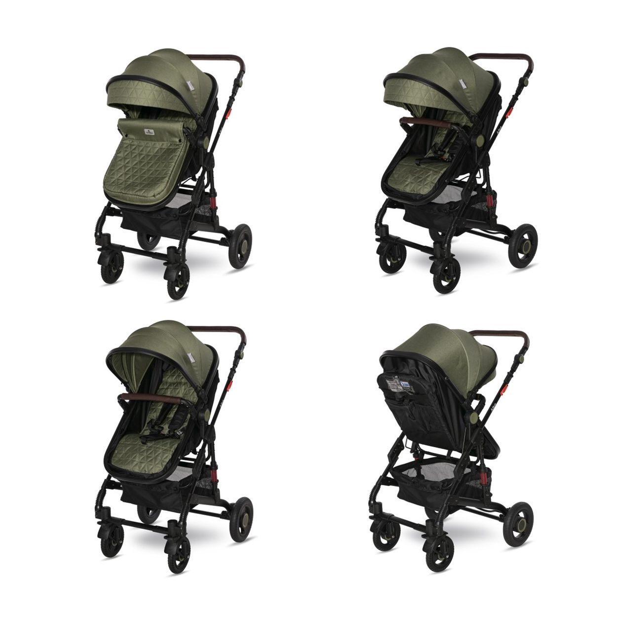 Ein grüner Kinderwagen mit braunen Griffen und schwarzen Rädern auf weißem Hintergrund.