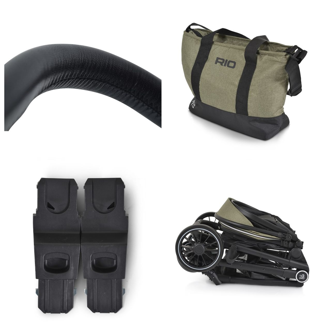 Ein Kinderwagengriff, eine Tasche, zwei Adapter und ein zusammengeklappter Kinderwagen.