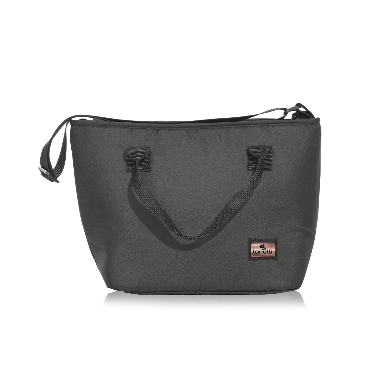 Eine dunkle, rechteckige Tasche mit Henkeln und einem Logo auf der Vorderseite.