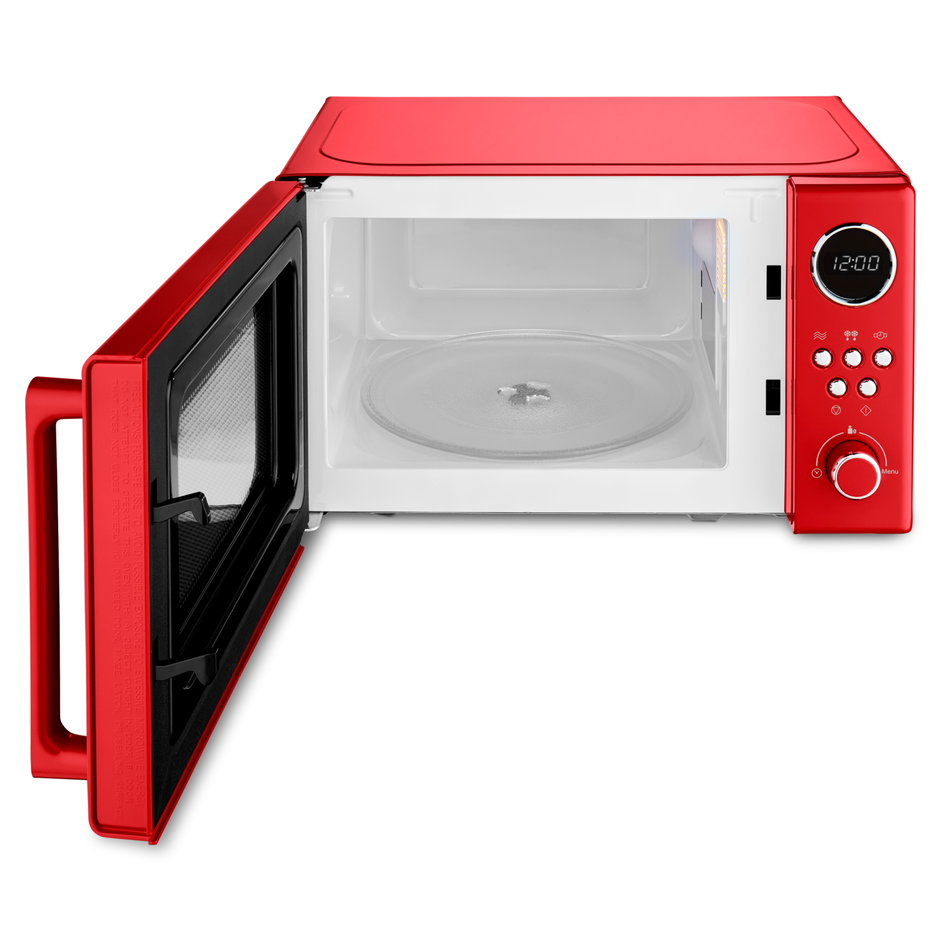 Czerwony piekarnik mikrofalowy z otwartymi drzwiami, ukazujący obrotowy talerz i przyciski.