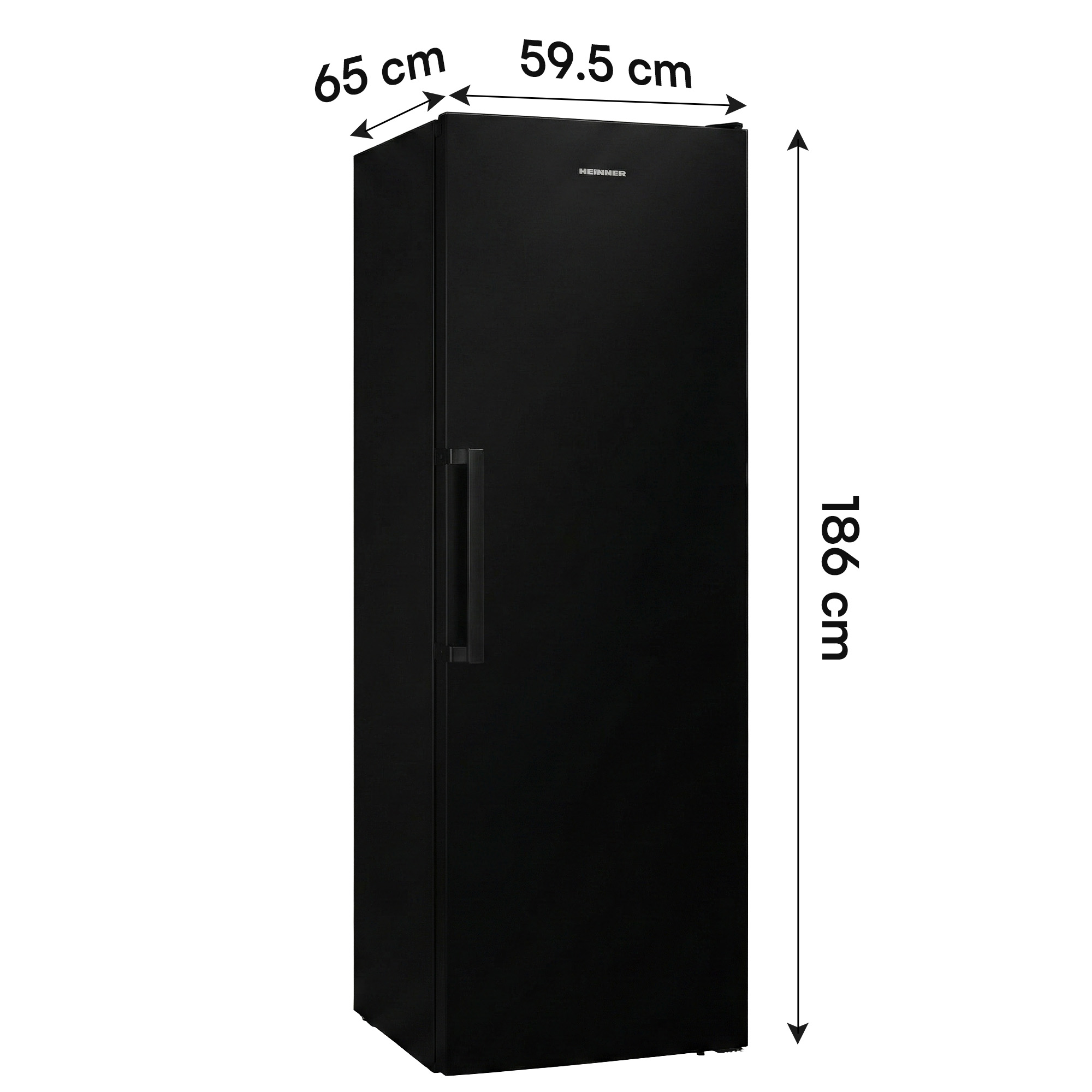 Réfrigérateur noir avec dimensions 186x65x59,5 cm.