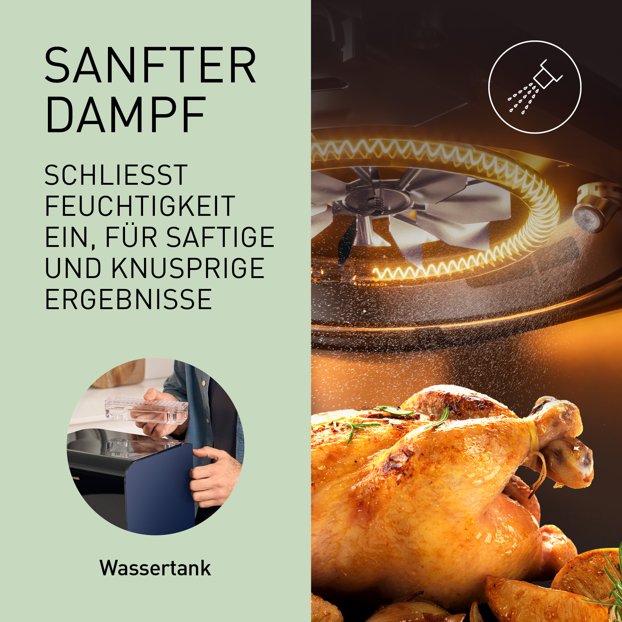 Pieczony kurczak z ziemniakami gotowany na parze w piekarniku. Pokazano zbiornik na wodę.