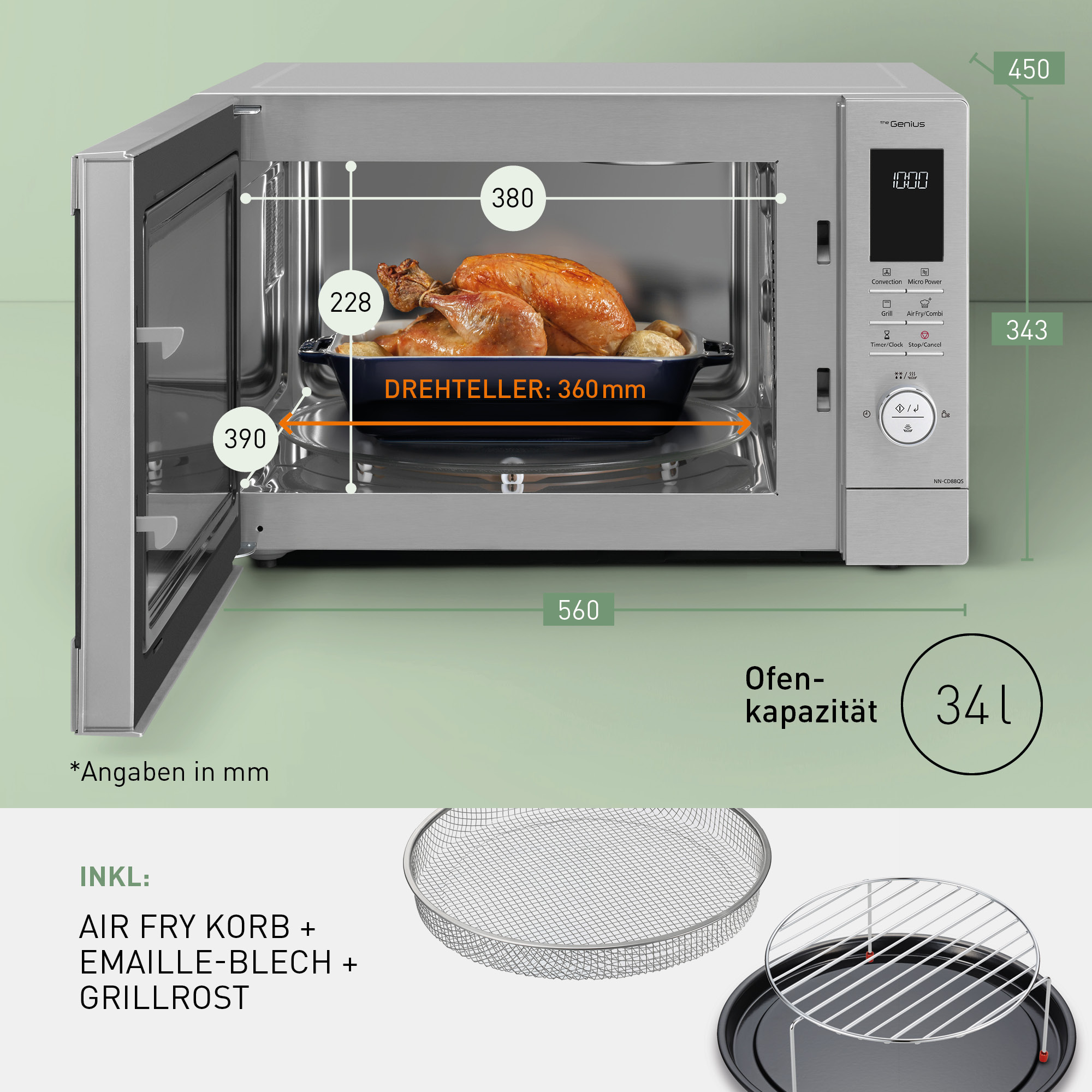 Mikrofalówka ze stali nierdzewnej z pieczonym kurczakiem, poj. 34L.
