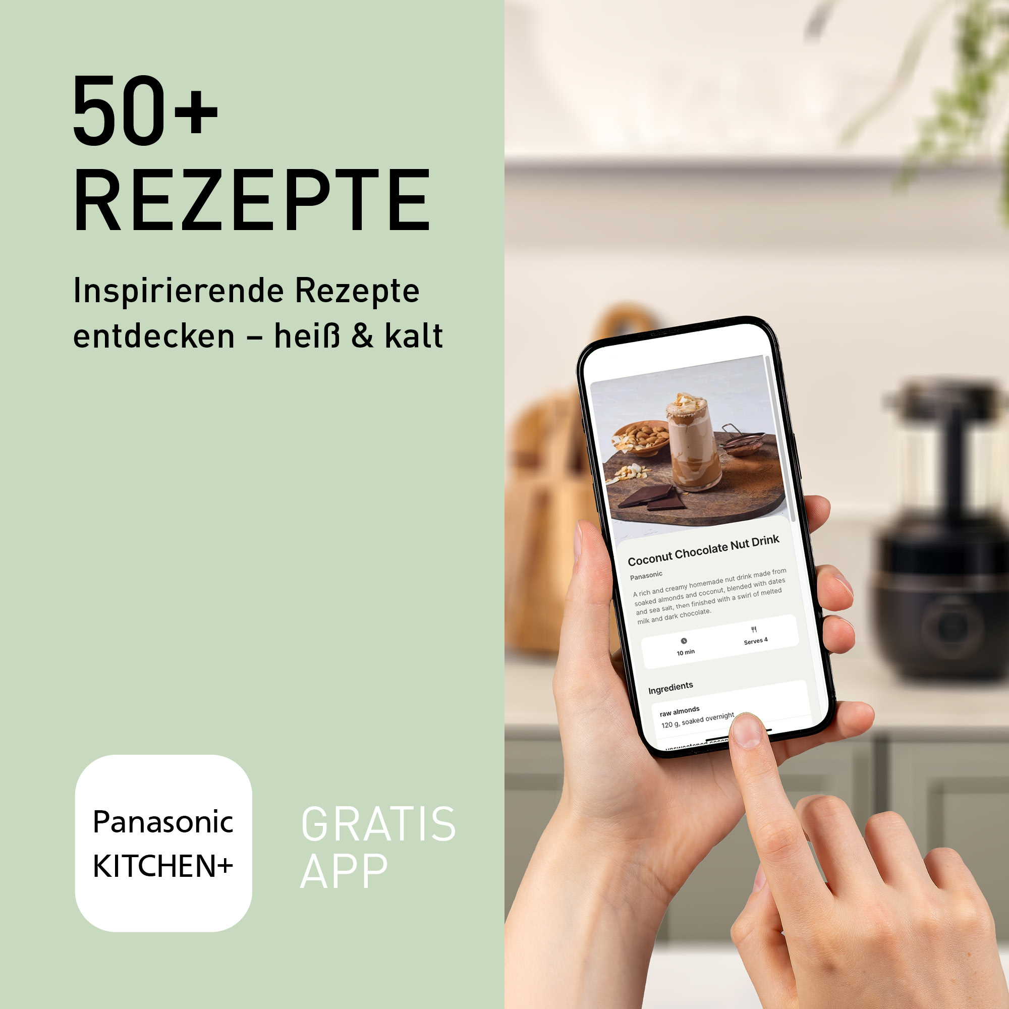 Ein Handy zeigt ein Rezept für Kokos-Schoko-Nuss-Drink. Text: 50+ Rezepte.