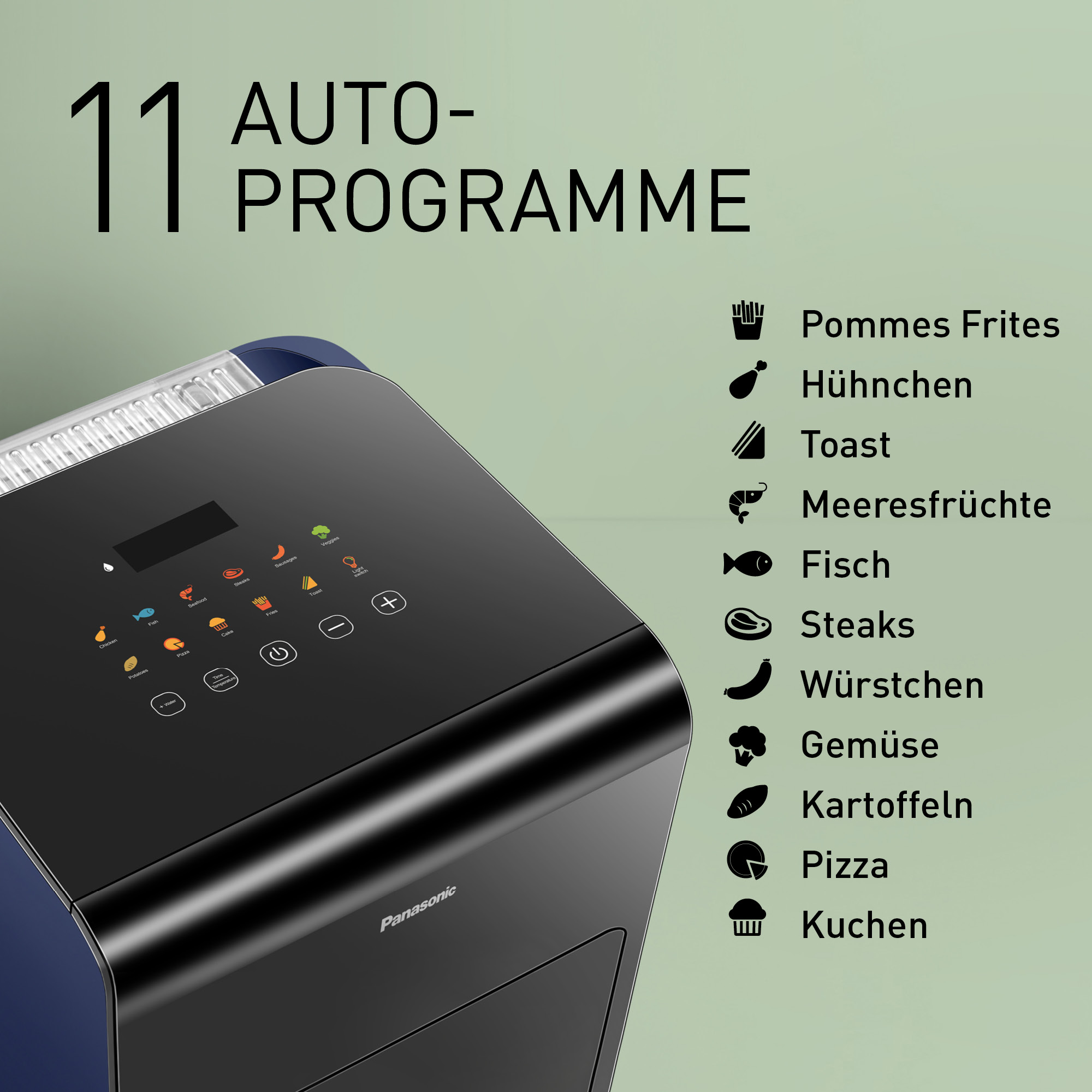 Czarny panel sterowania z ikonami 11 programów gotowania i napisem AUTO-PROGRAMME.