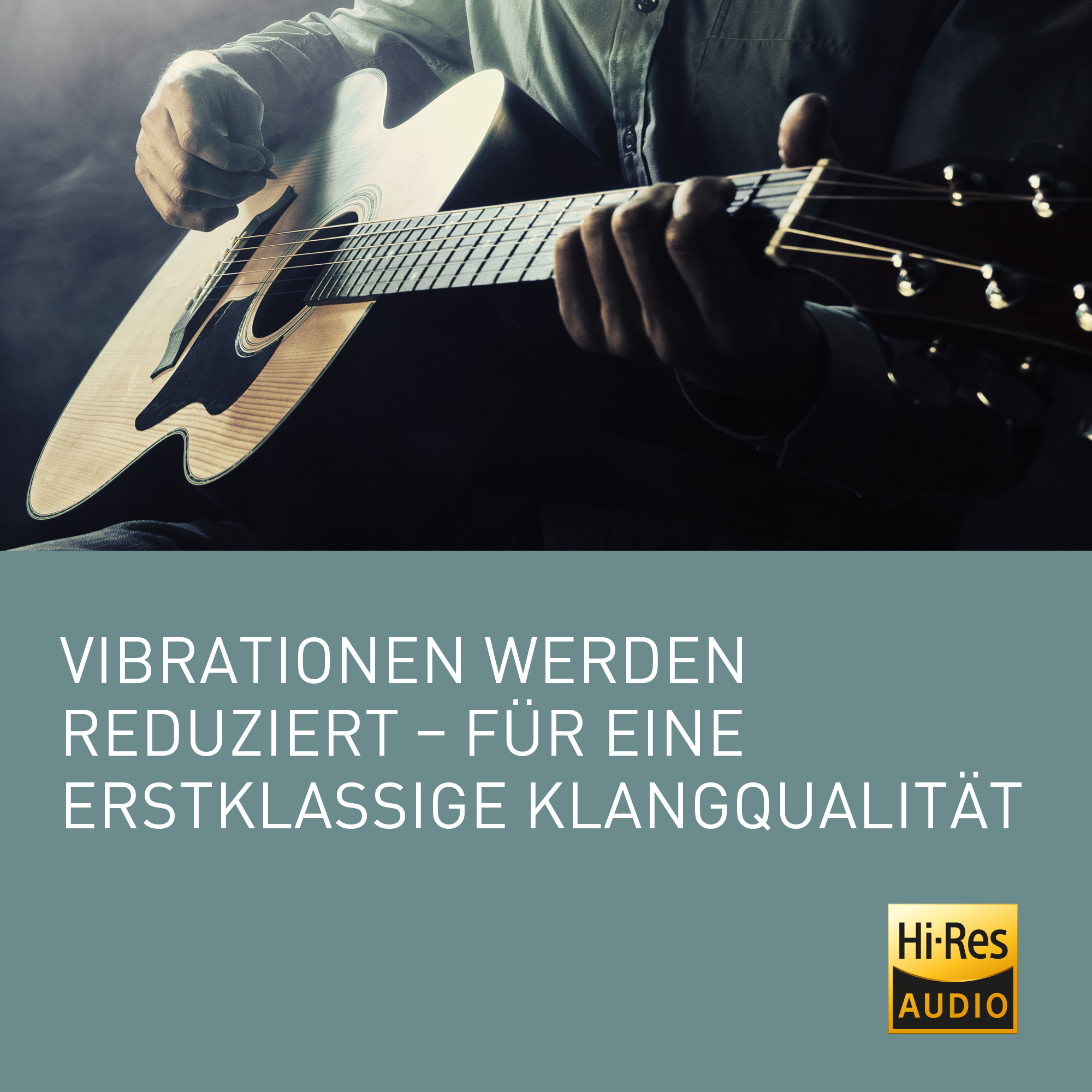 Mann spielt Akustikgitarre. Text: Vibrationen werden reduziert.