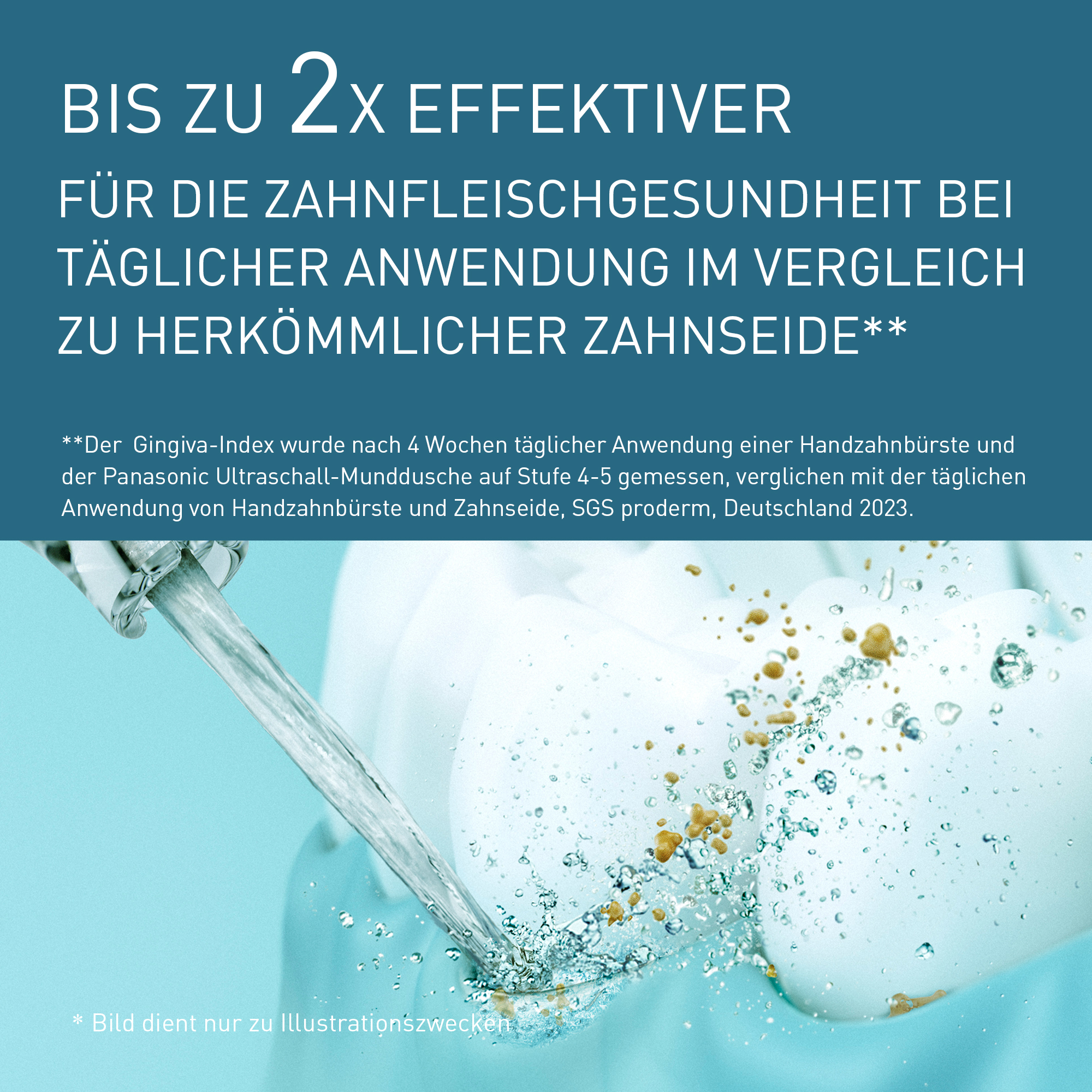 Water jet cleans teeth of particles. Text about dental health.