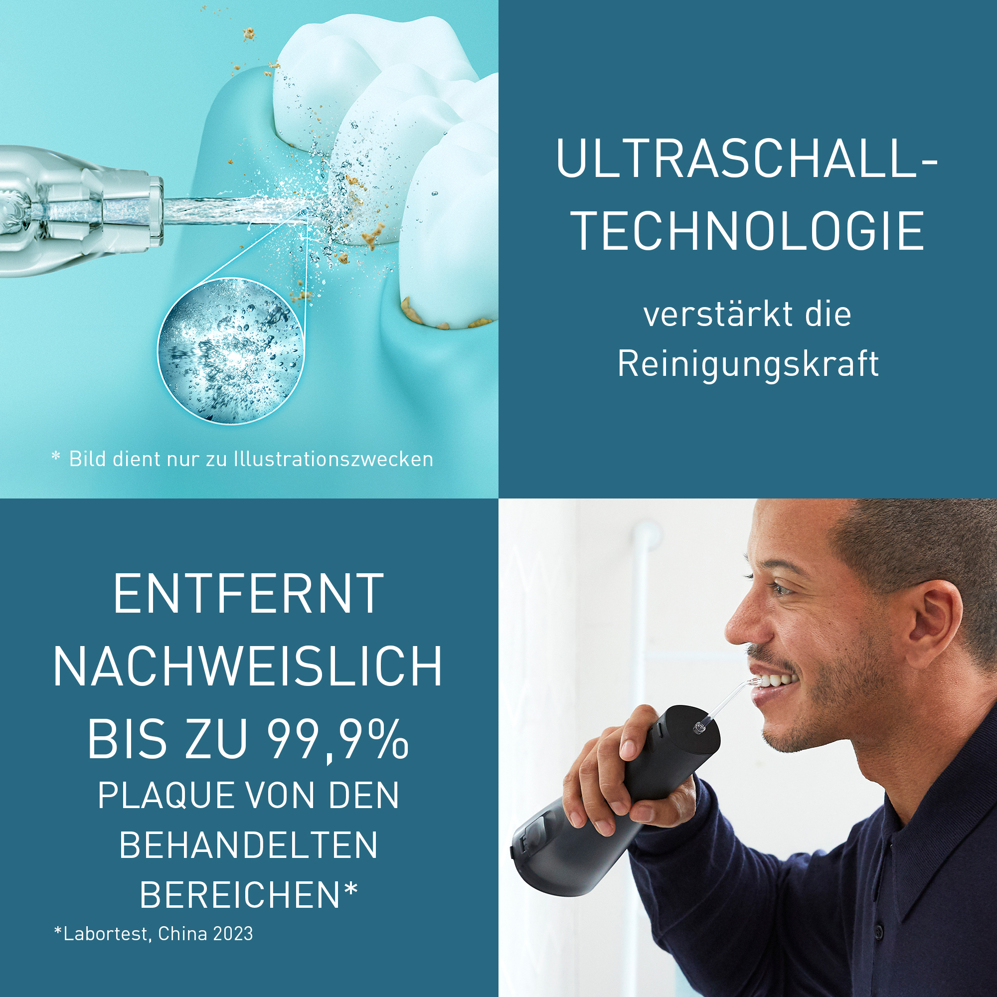 A man uses a black oral irrigator on his teeth. Ultrasound technology. Removes 99.9% plaque.