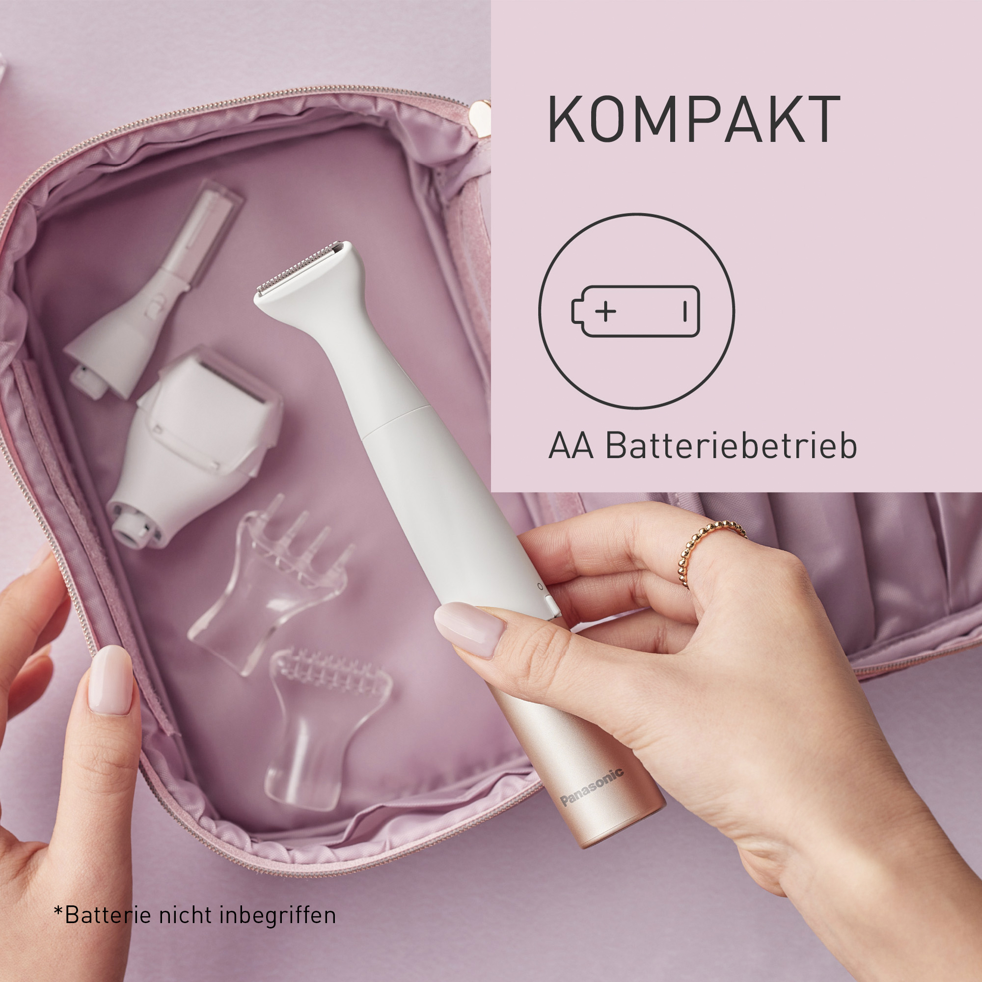 Ein weißer Panasonic Trimmer mit Zubehör in einer rosa Tasche.