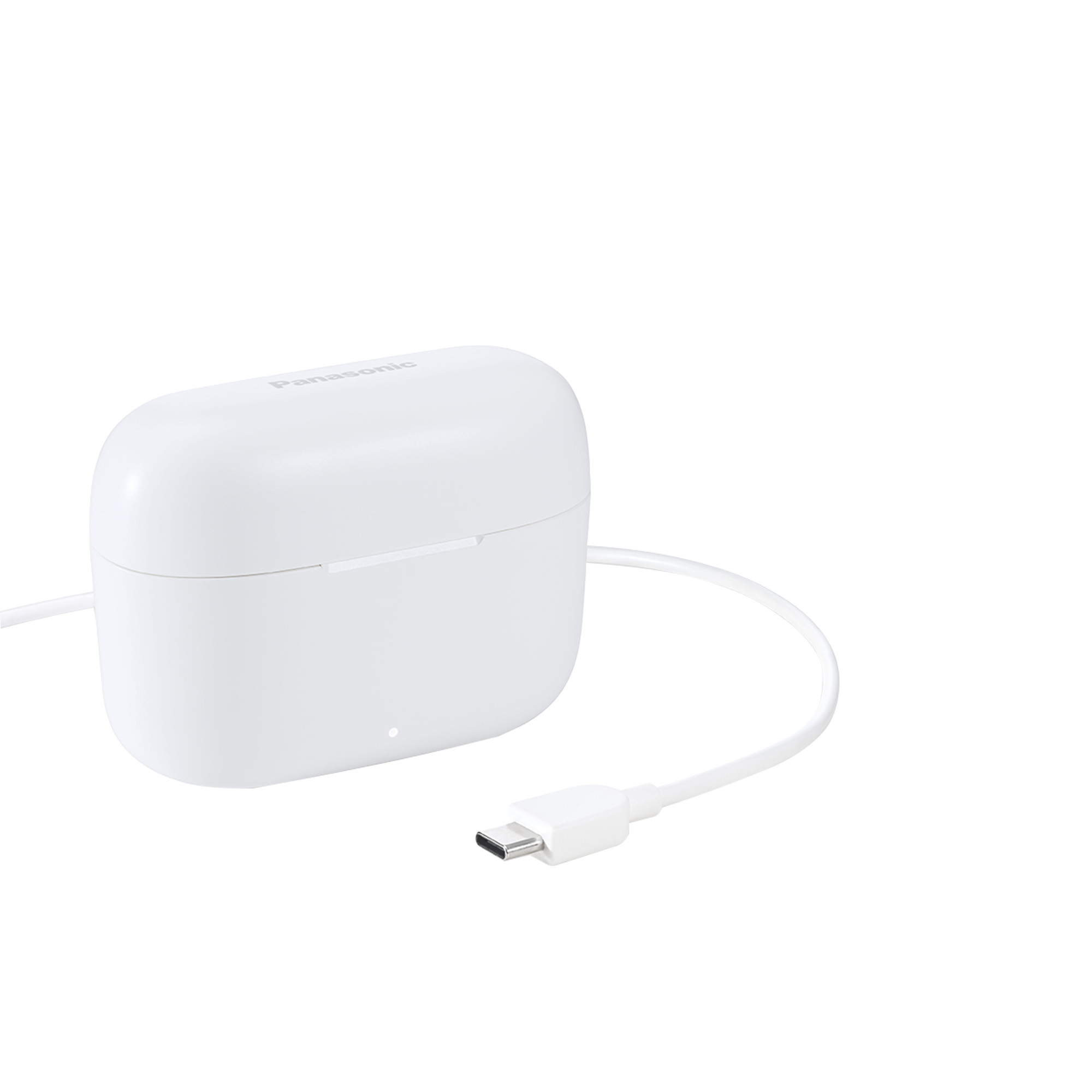Ein weißes Panasonic Ladeetui mit USB-C-Kabel, auf weißem Hintergrund.