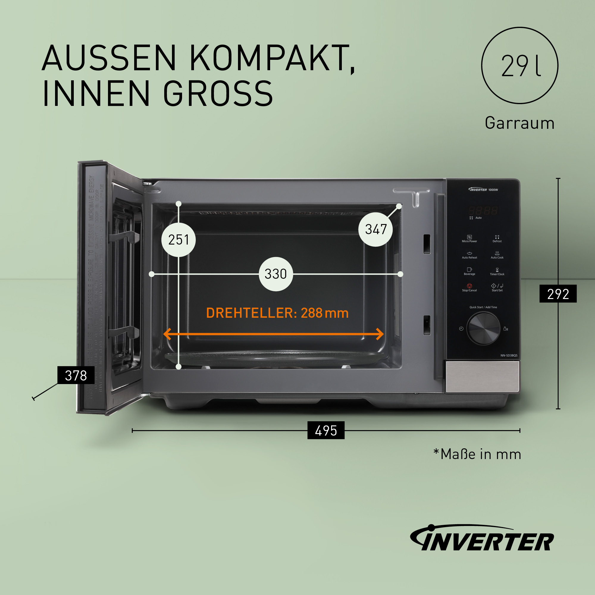 Kuchenka mikrofalowa z otwartymi drzwiami, pokazująca wymiary i pojemność.