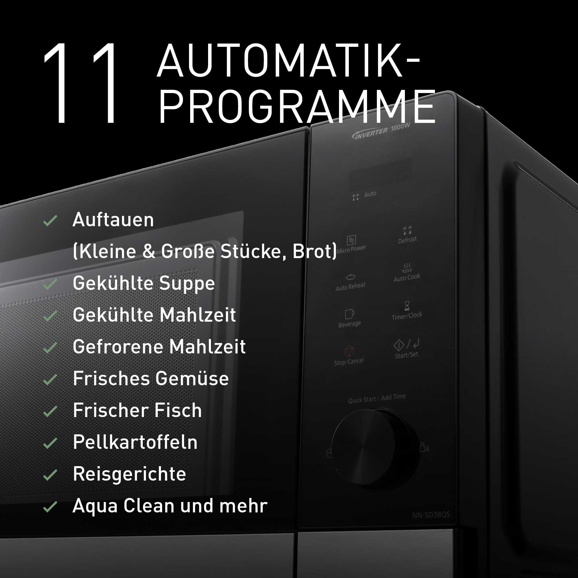 Czarna kuchenka mikrofalowa z listą 11 programów automatycznych.