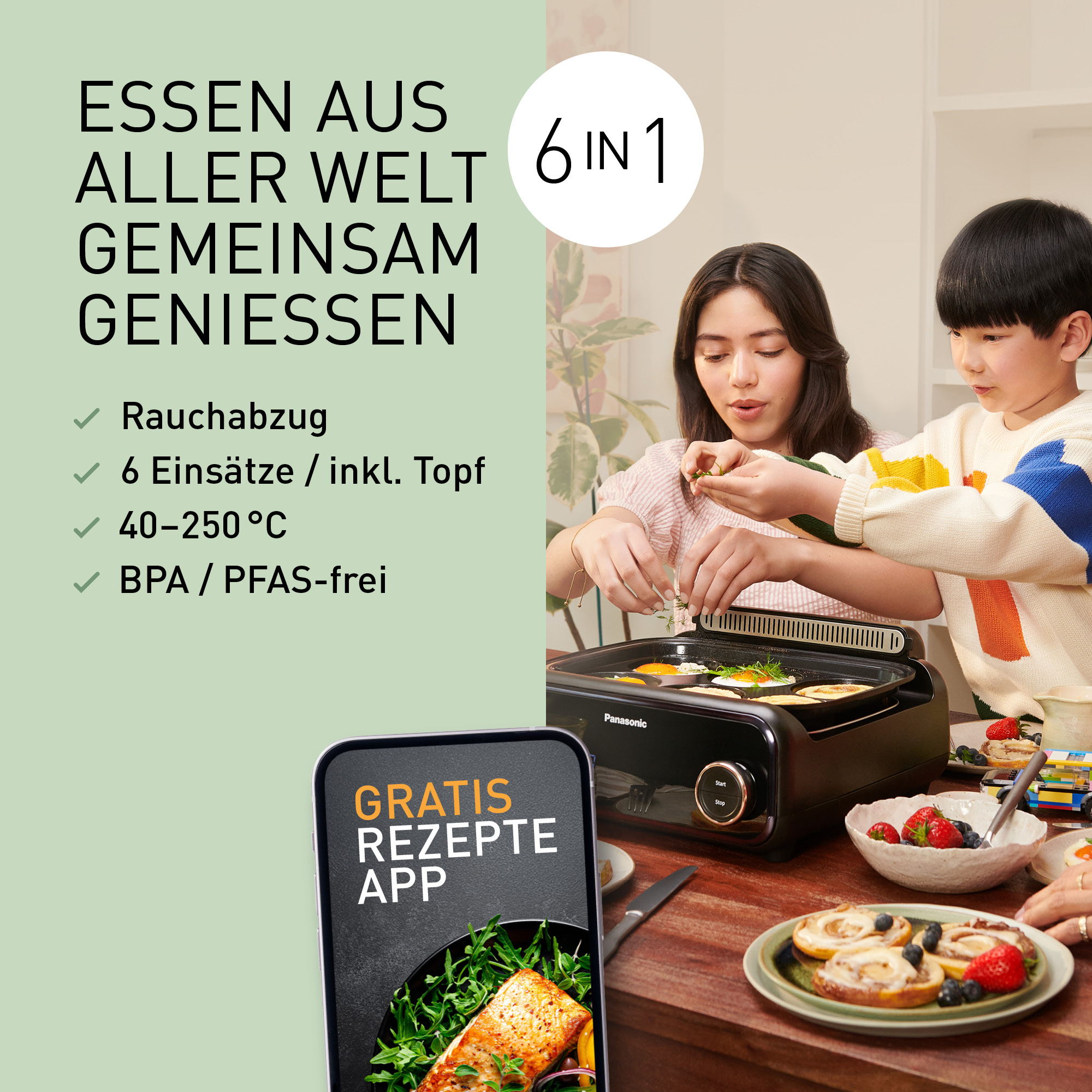 Kinder und eine Frau kochen auf einem Panasonic Grill. Ein Handy zeigt ein Rezept.