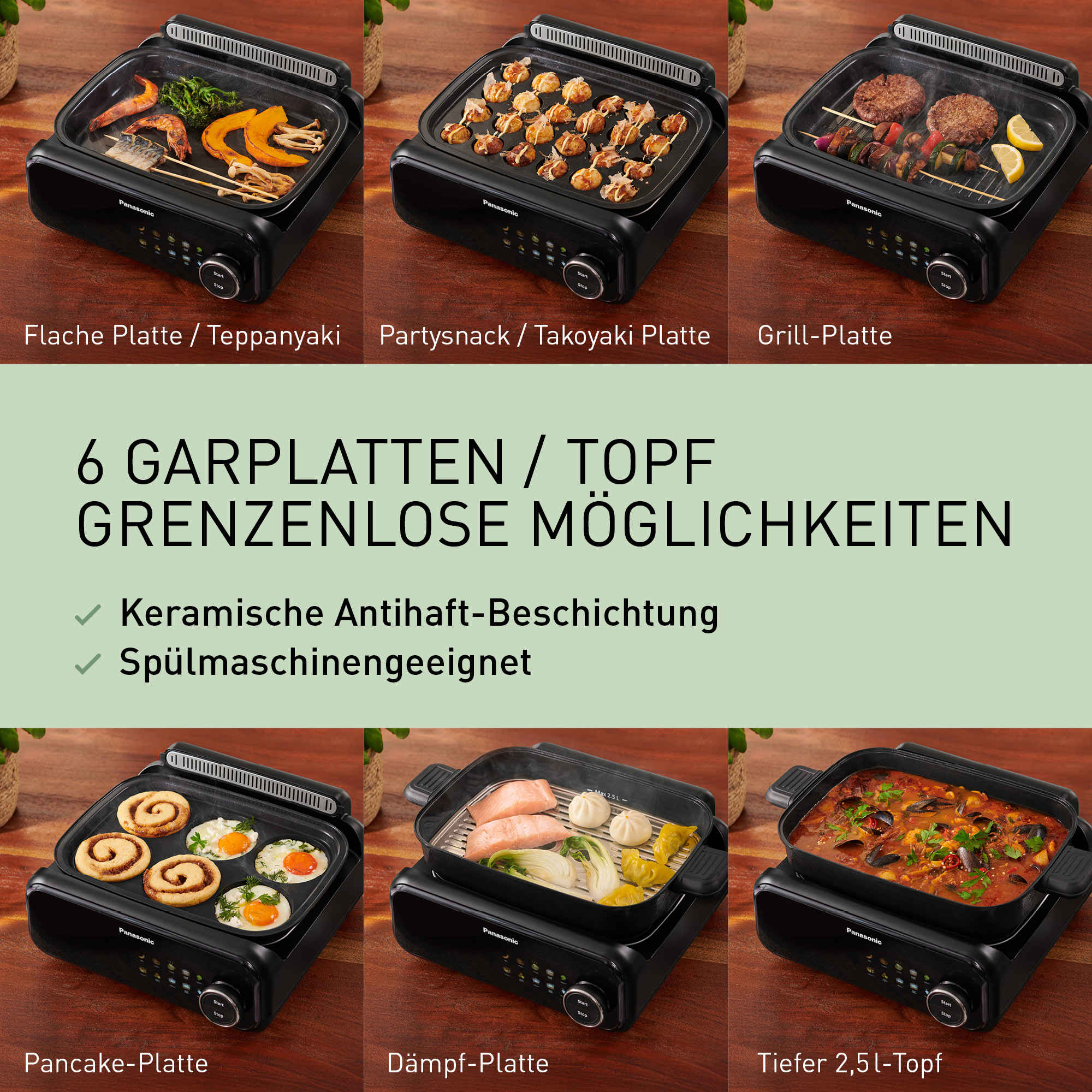 Sechs Panasonic Platten: Teppanyaki, Takoyaki, Grill, Pancake, Dampf und Topf.