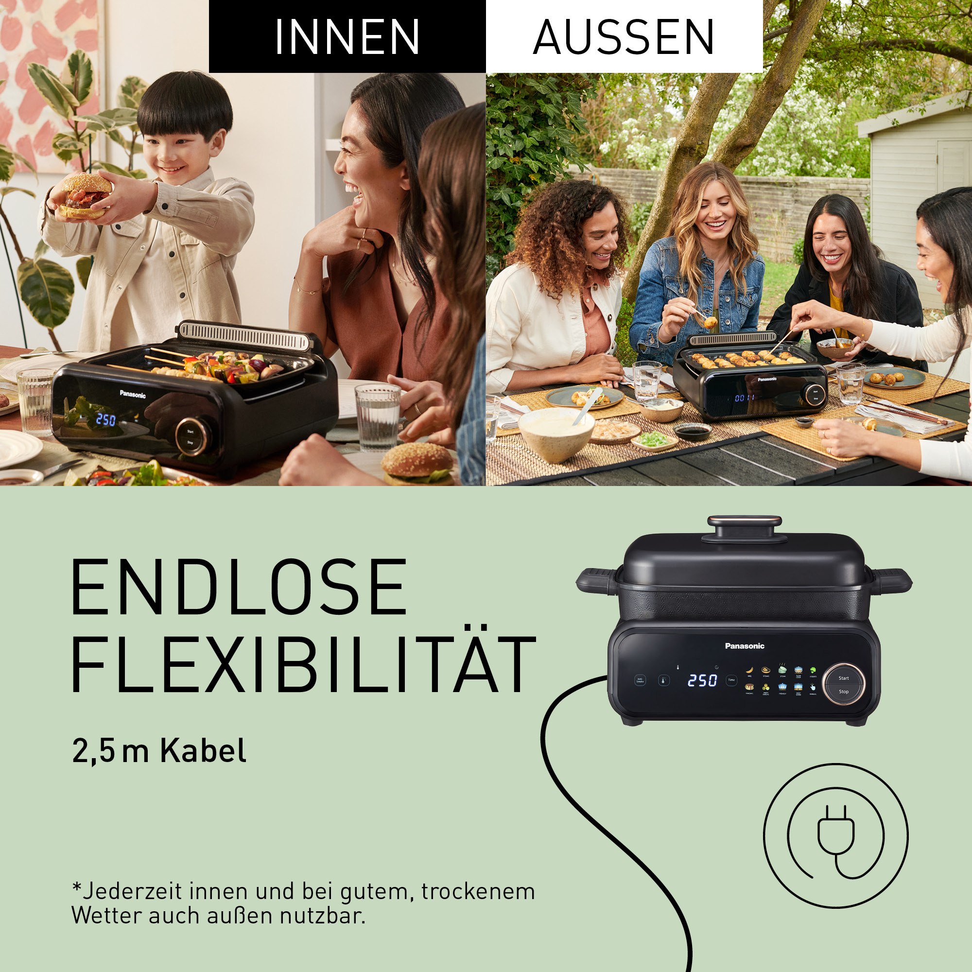 Panasonic Grill: Familie drinnen und draußen beim Essen mit dem Grill.
