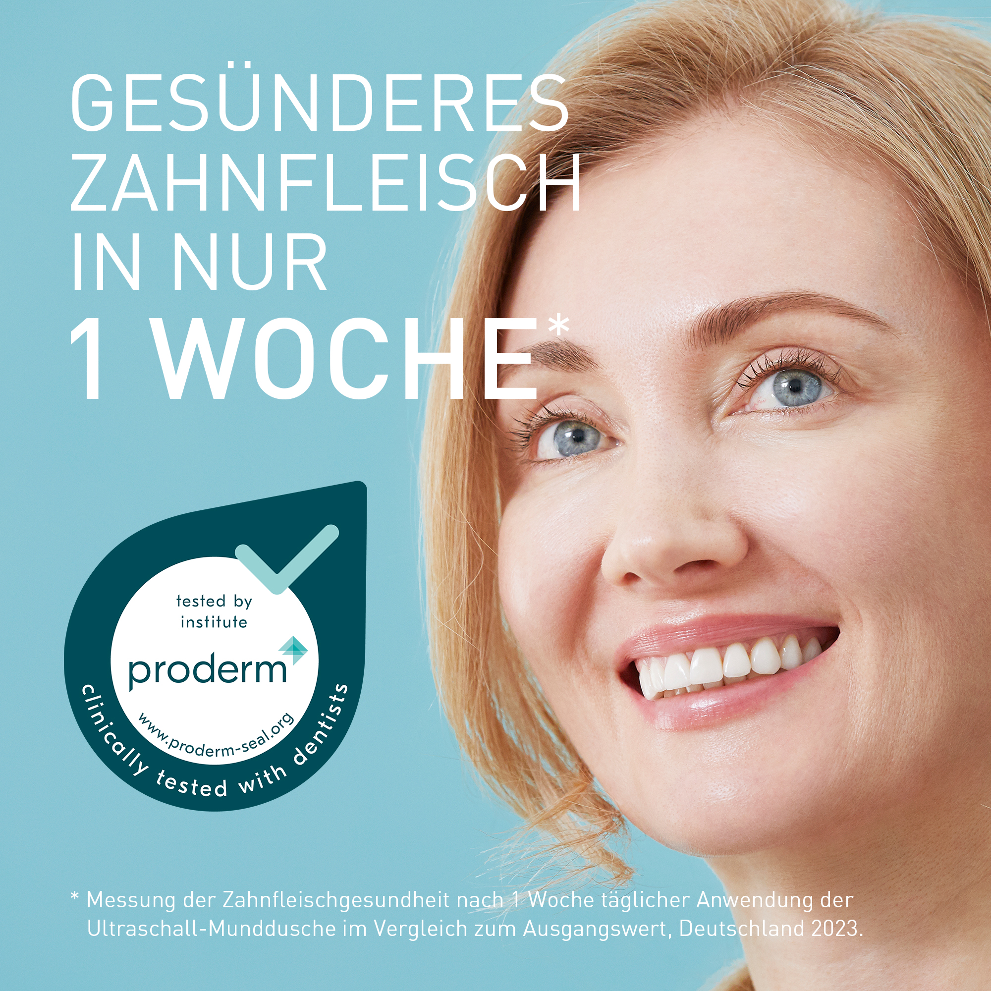 Kobieta z promiennym uśmiechem, zęby i dziąsła w centrum uwagi. Tekst: Zdrowsze dziąsła w zaledwie 1 tydzień.