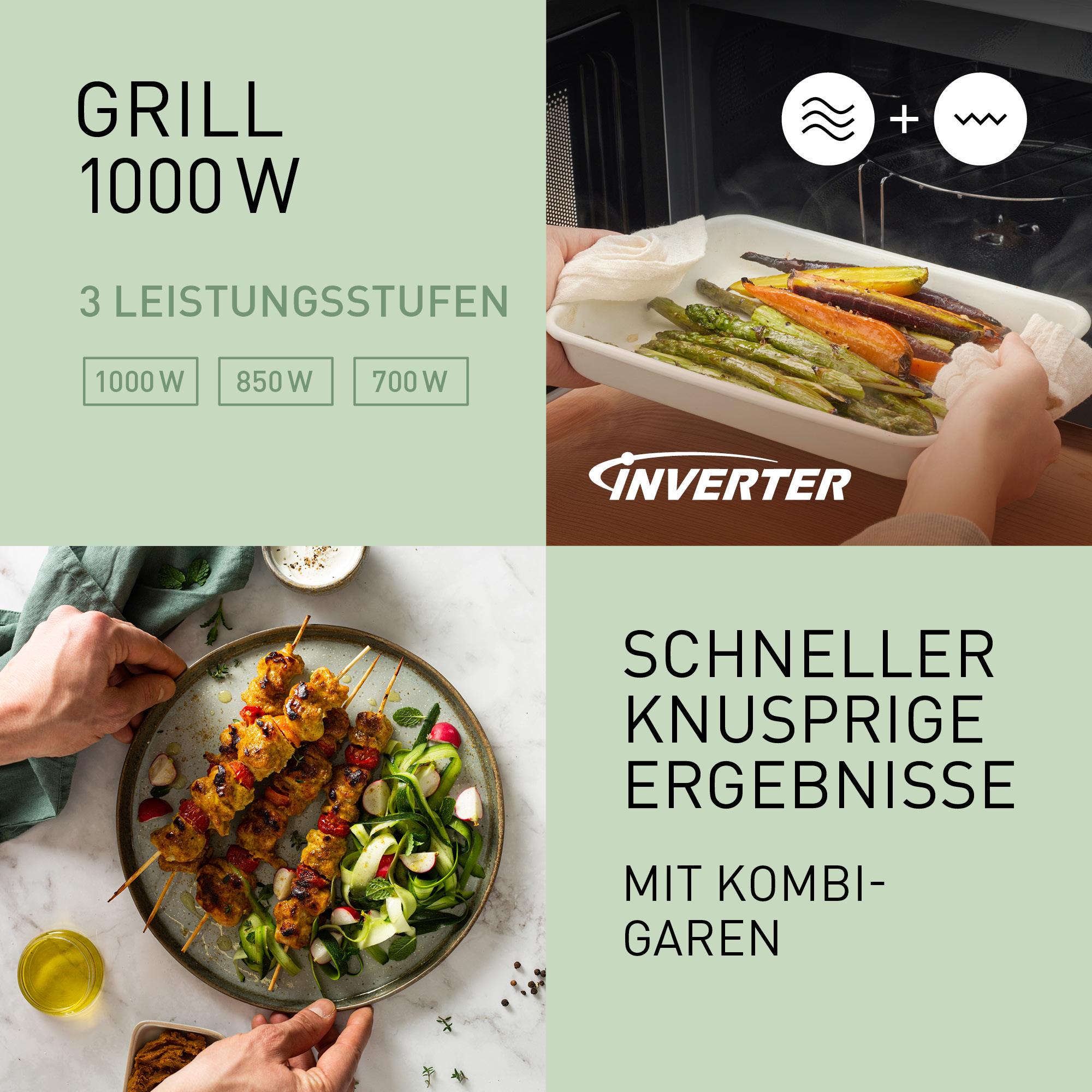Grill 1000W mit 3 Leistungsstufen, Inverter-Technologie und Kombi-Garen.