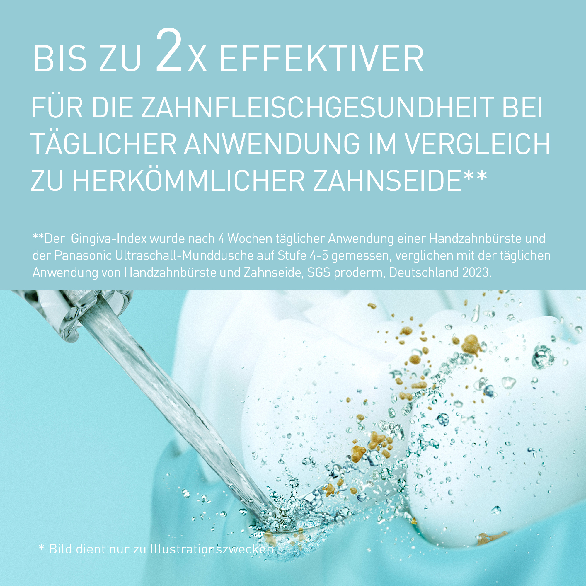 Strumień wody czyści zęby z osadu, promując zdrowie dziąseł.