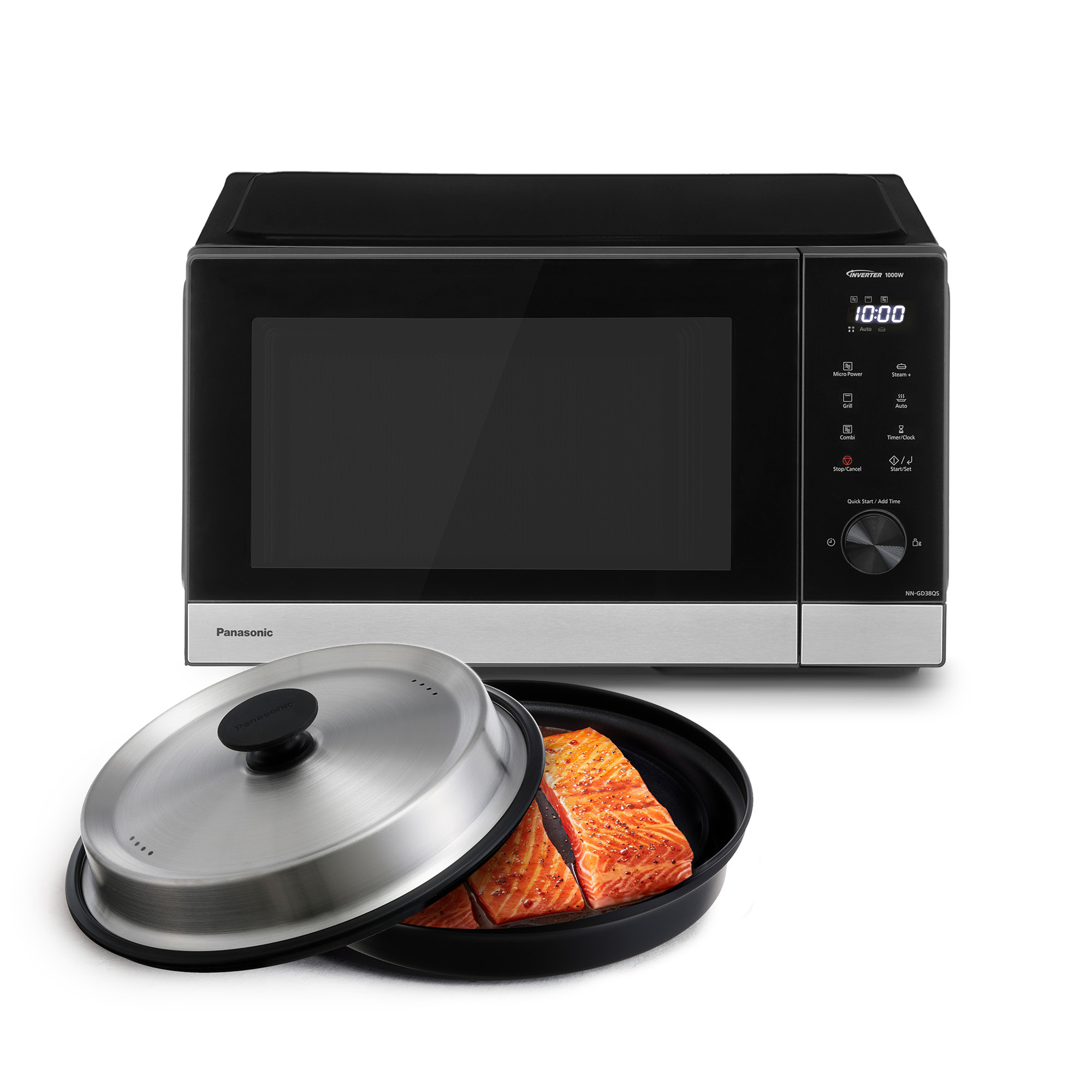 Eine Panasonic Mikrowelle mit 1000W, daneben ein Kochgeschirr mit Lachs.