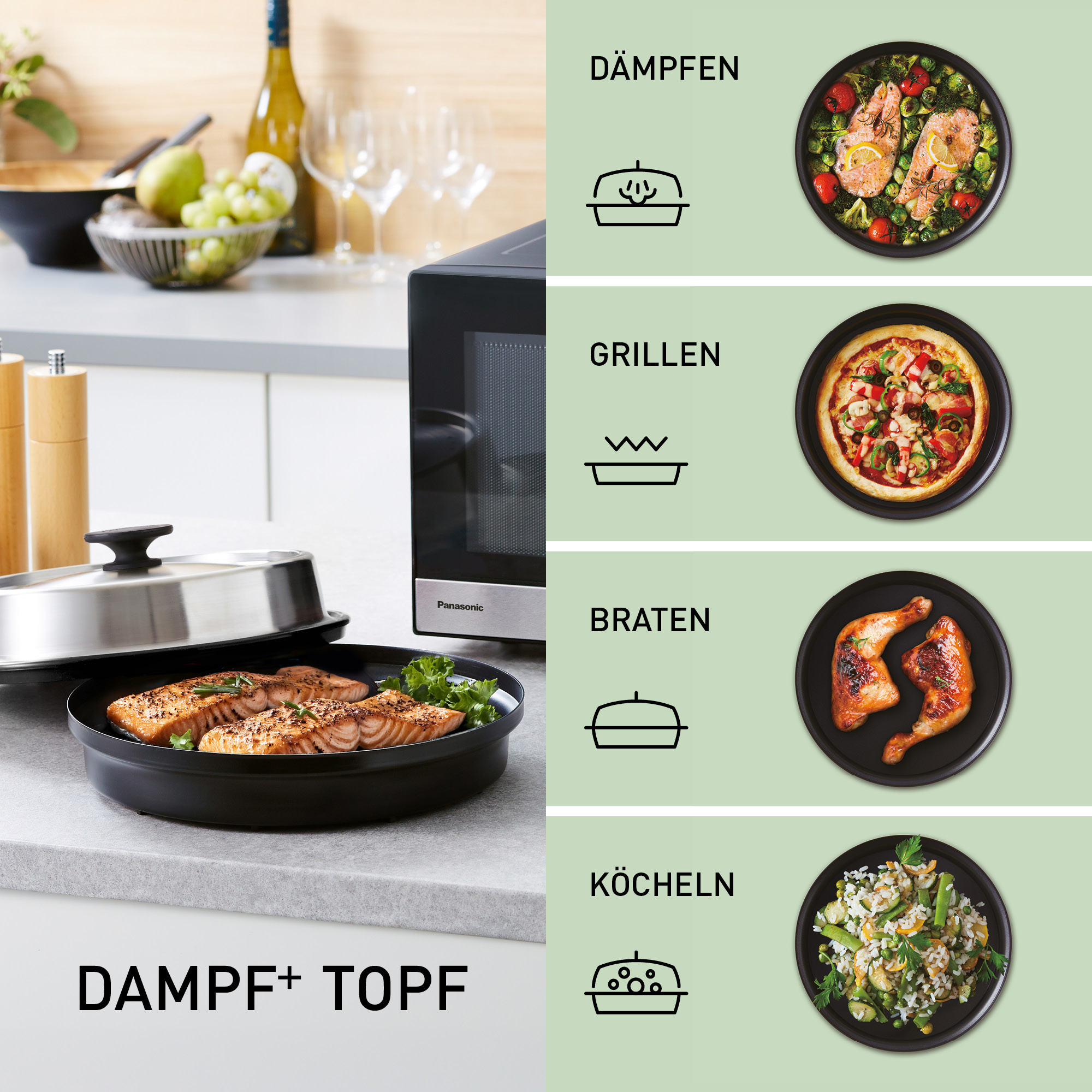 Gerichte mit Lachs, Pizza, Hähnchenschenkeln und Reisgemüse.