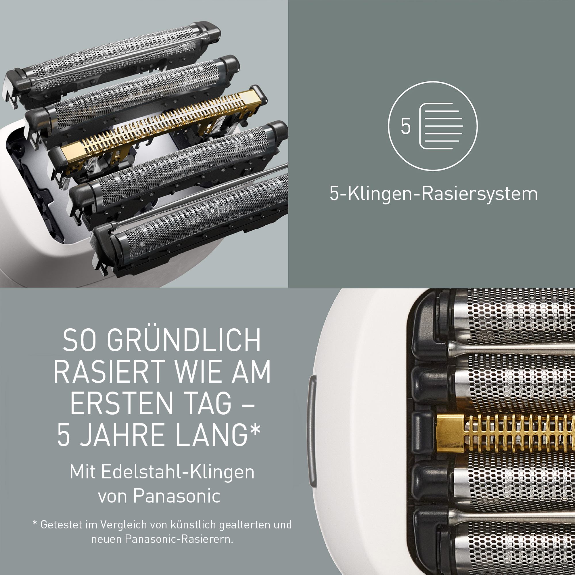 Zbliżenie na golarkę Panasonic z 5 stalowymi ostrzami i napisem System golenia z 5 ostrzami.