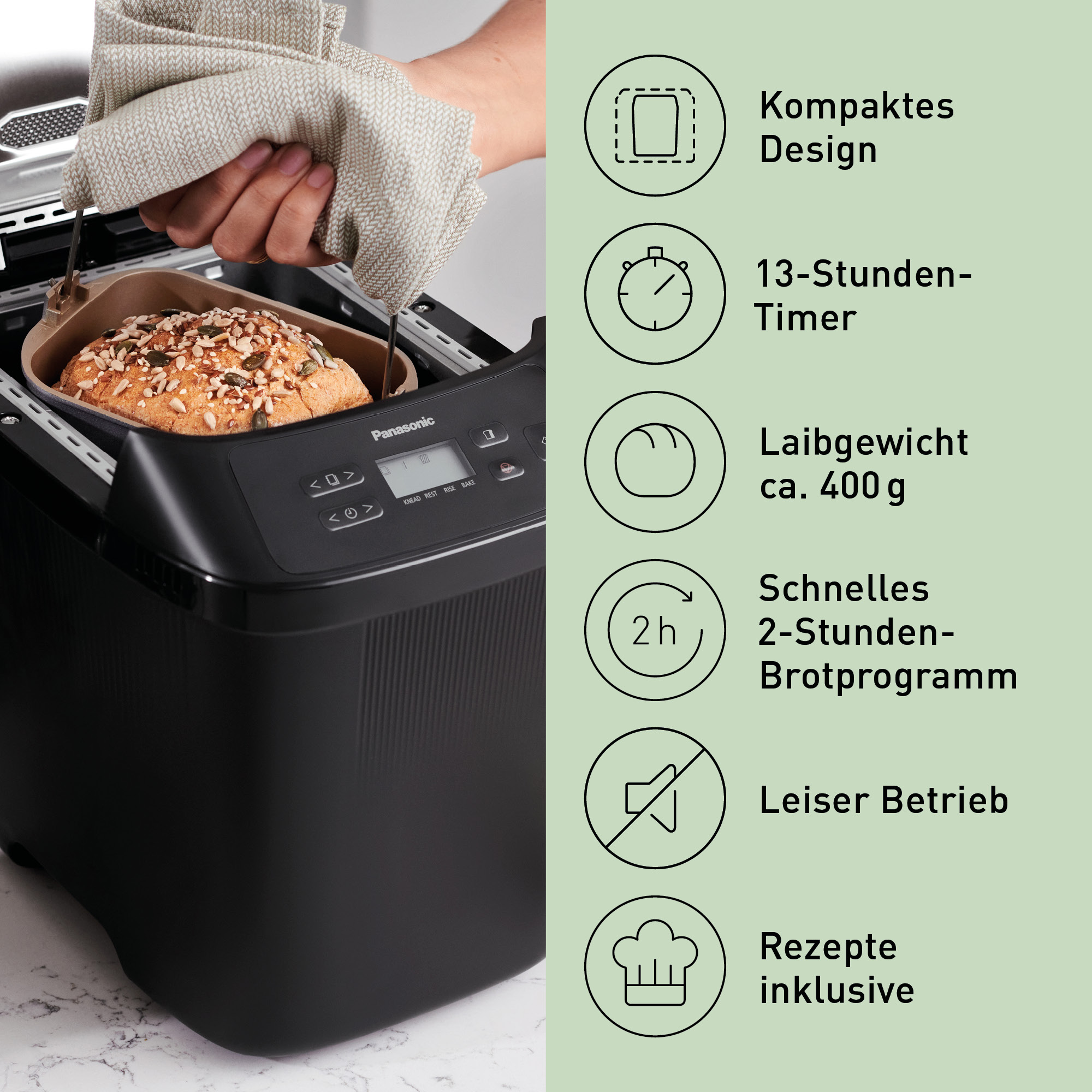 Brotbackautomat mit Brot und Symbolen für Design, Timer, Gewicht, Zeit, Lautstärke und Rezept.