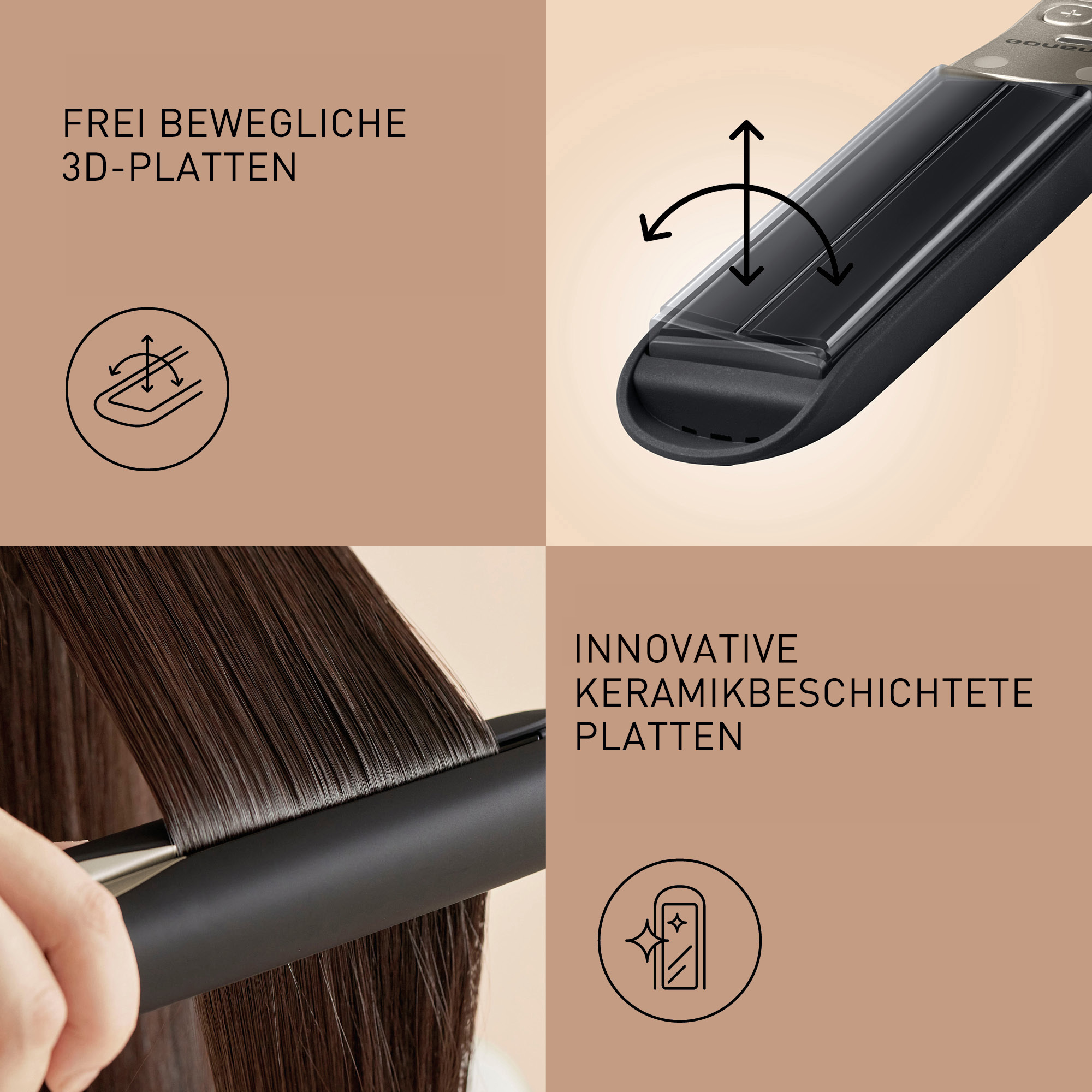 Ganz nah: Schwarzes Glätteisen glättet braunes Haar. 3D-Platten.