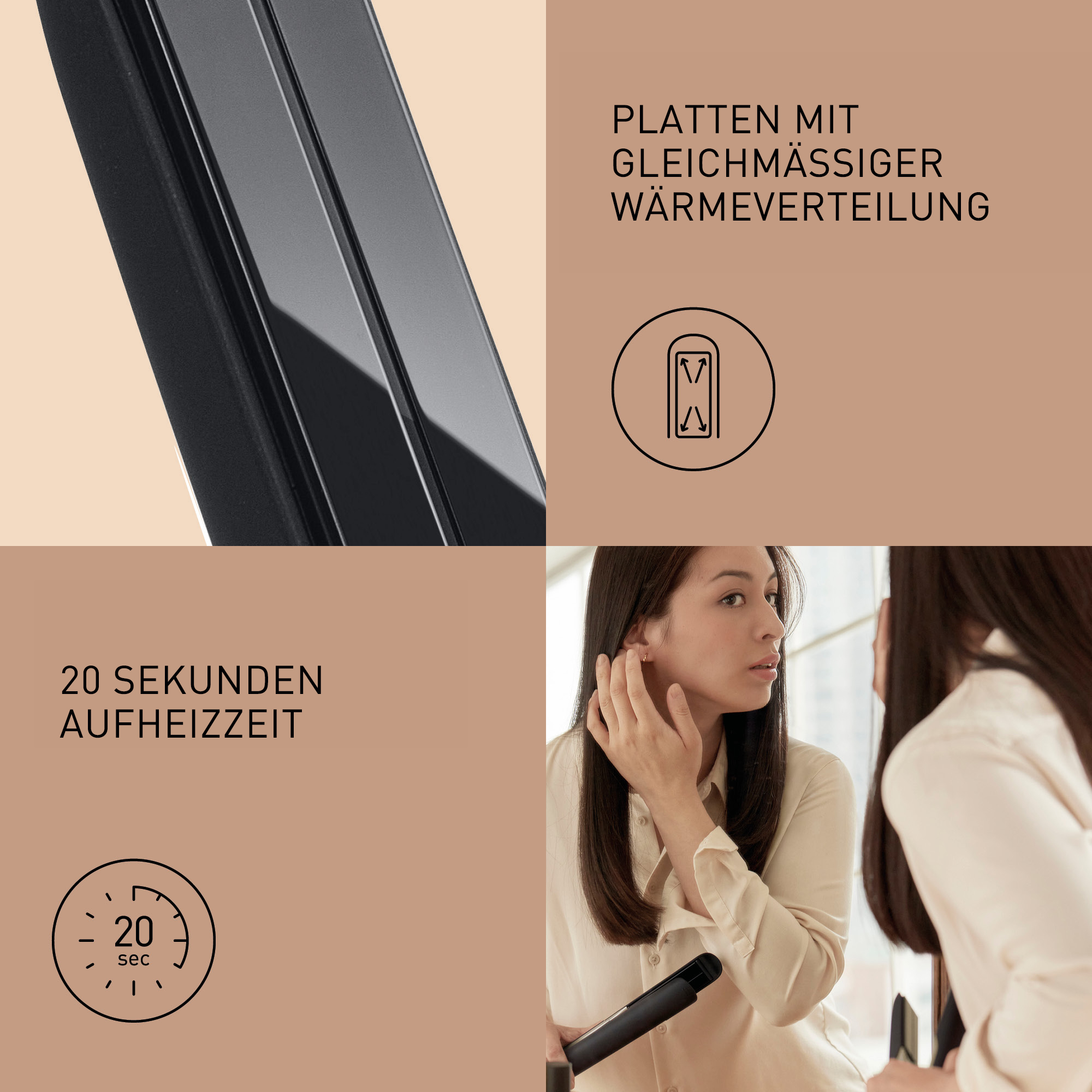 Eine Frau stylt ihr Haar mit einem Glätteisen vor einem Spiegel.