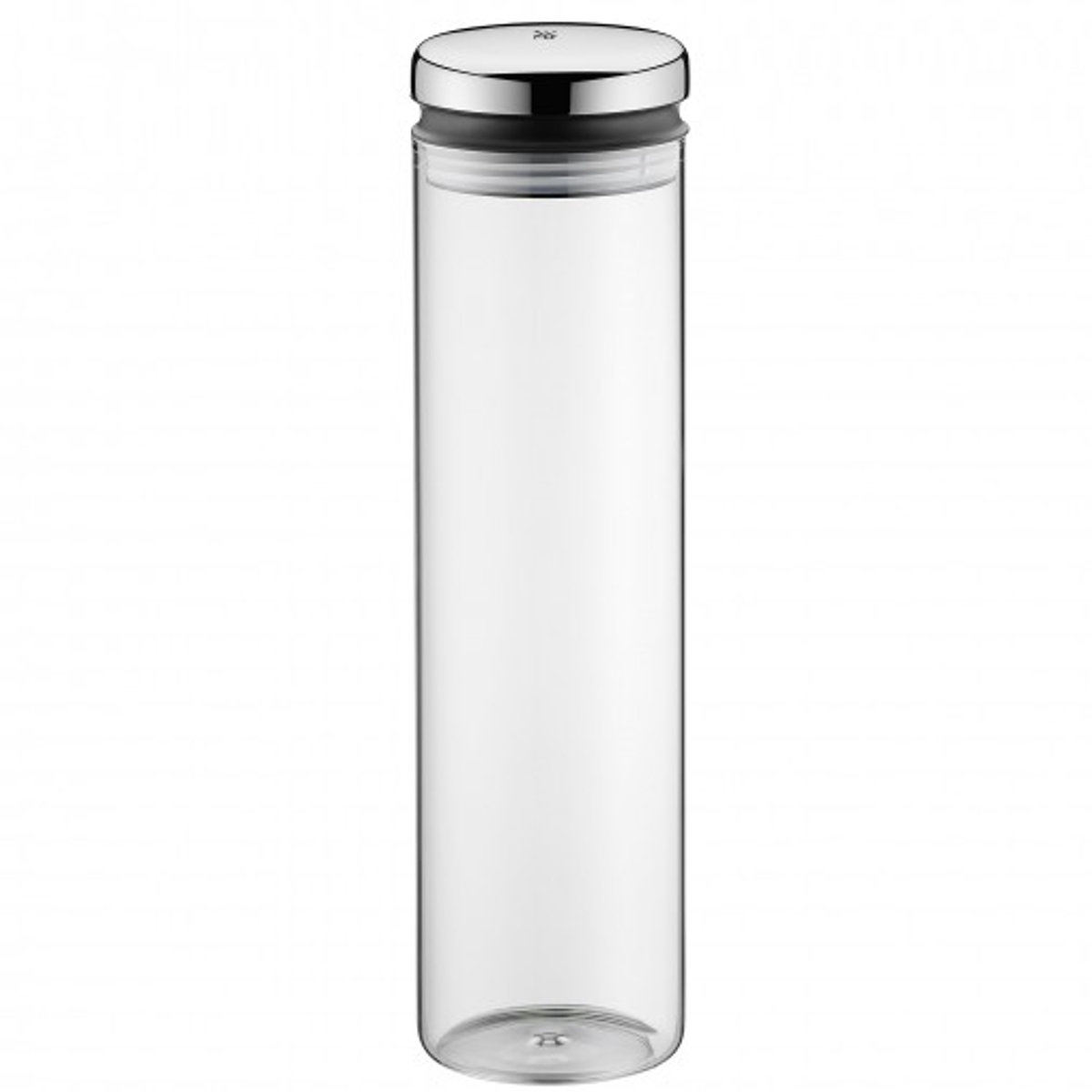 Eine klare Glasflasche mit silbernem Deckel steht auf weißem Hintergrund.