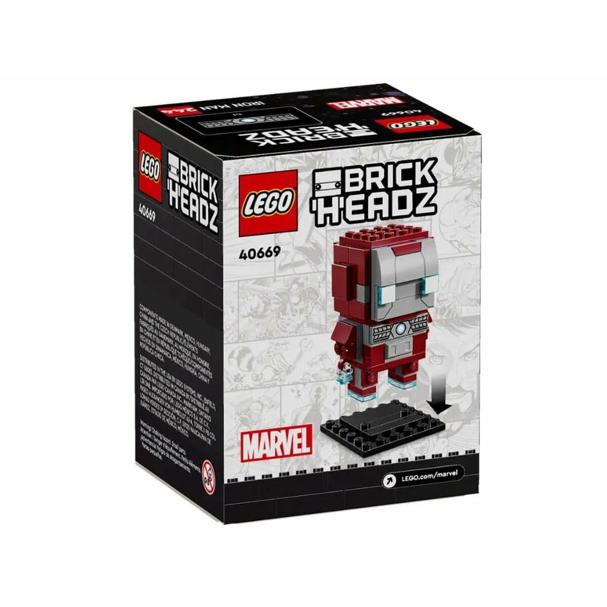 Lego BrickHeadz Iron Man set kutusu çizgi roman grafikleri ve ürün illüstrasyonu ile.