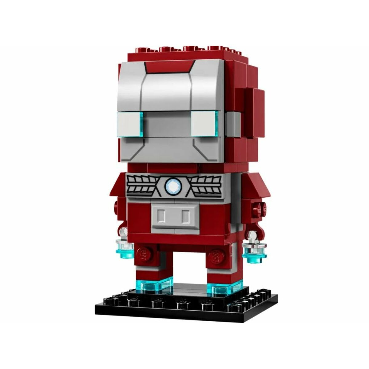 Mavi vurgulu kırmızı ve gümüş Lego Iron Man minifigürü.